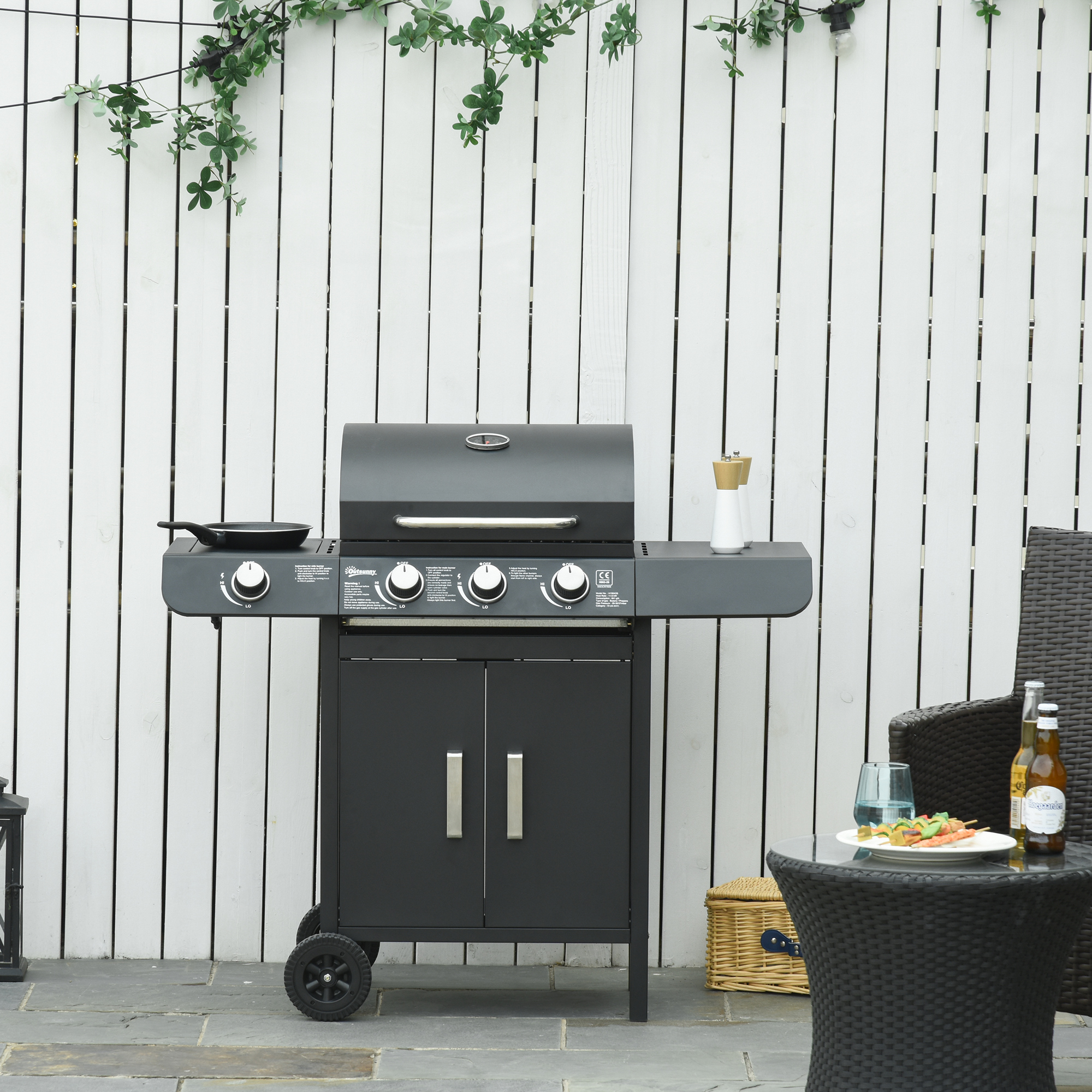 Outsunny gasgrill BBQ met 4 branders metaal zwart 110 x 50 x 100 cm