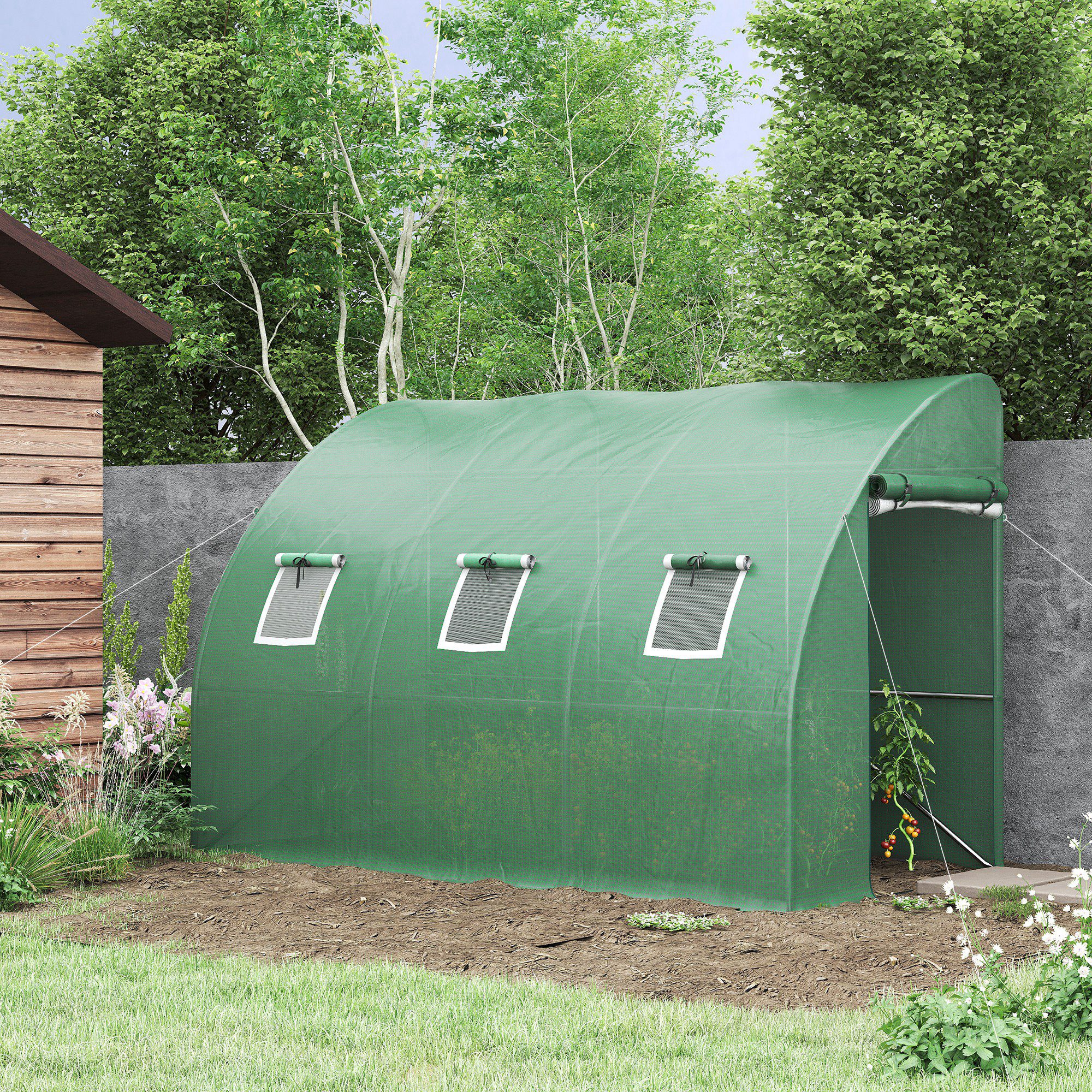 Outsunny foliekas, tomatenkas met gaasvenster, kas met roldeuren, kwekerij met UV-bescherming, groen, 300 x 150 x 197 cm