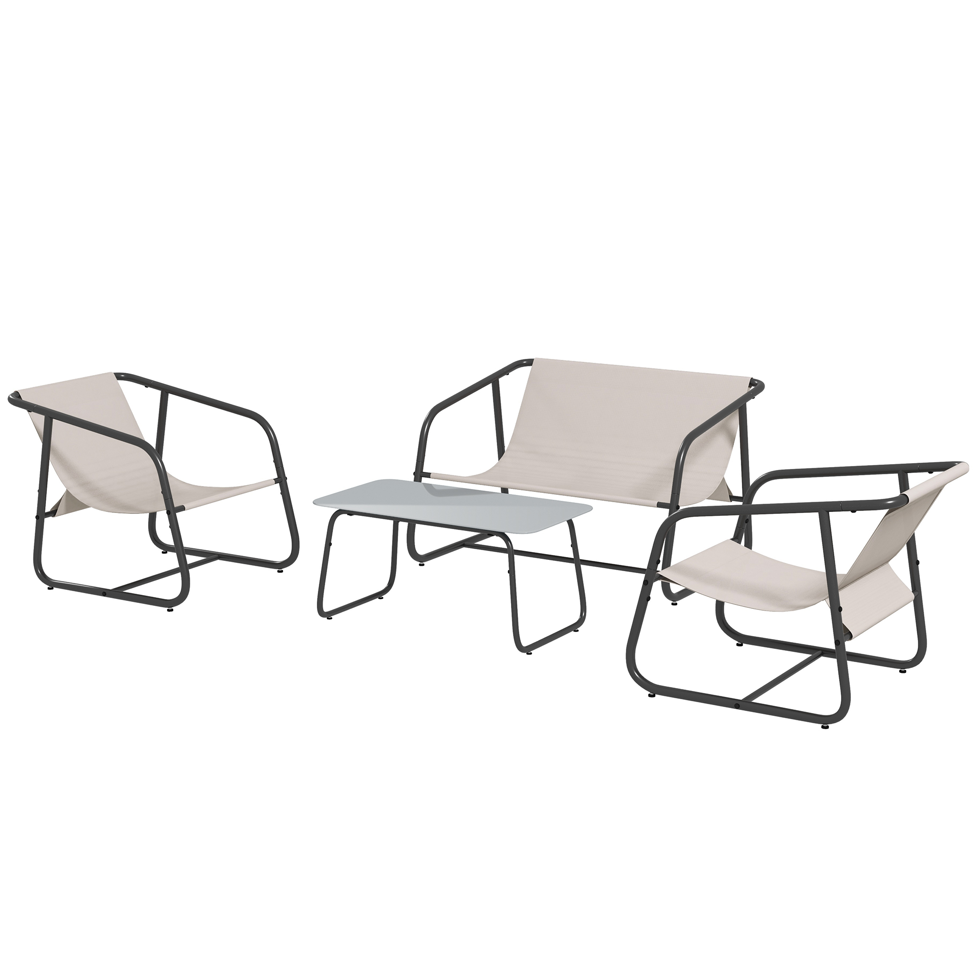 Outsunny 4-delige Tuinmeubelset Tuinzitgroep Loungemeubels, 1 Bank, 2 Stoelen, 1 Tafel, 110 x 70 x 70 cm, Crème + Zwart