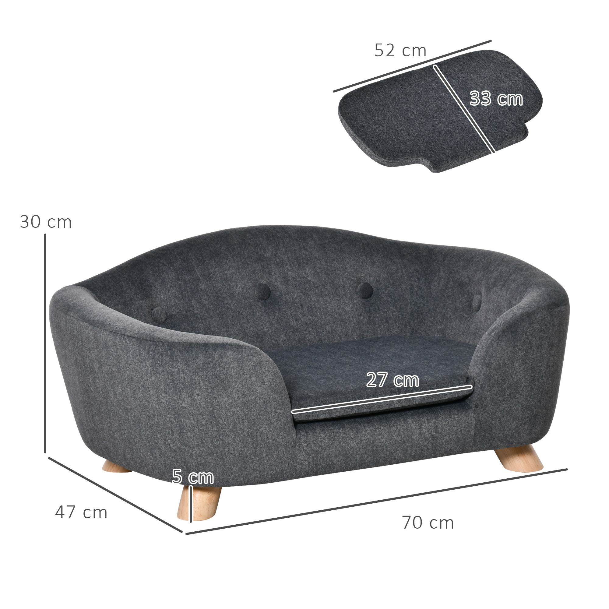 PawHut hondenbank hondenmat hondenmand hondenbank hondenbank kattenbank met kussen achterzak pluche schuim grenen hout donkergrijs 70 x 47 x 30 cm