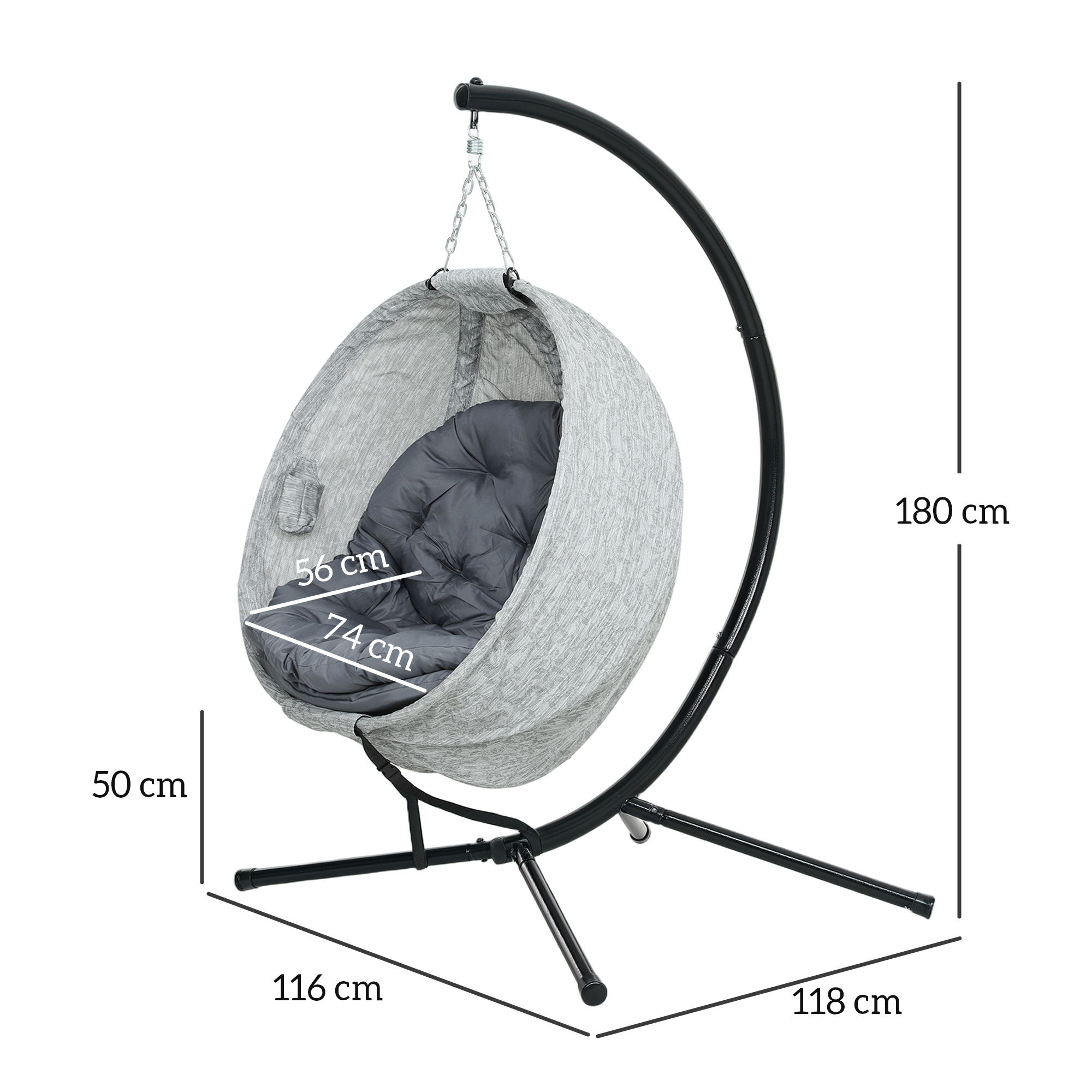 Outsunny Ei-vormige Hangmand, Hangstoel met Schommelfunctie en Opvouwbare Mand, Tuinstoel, Bekerhouder, Grijs