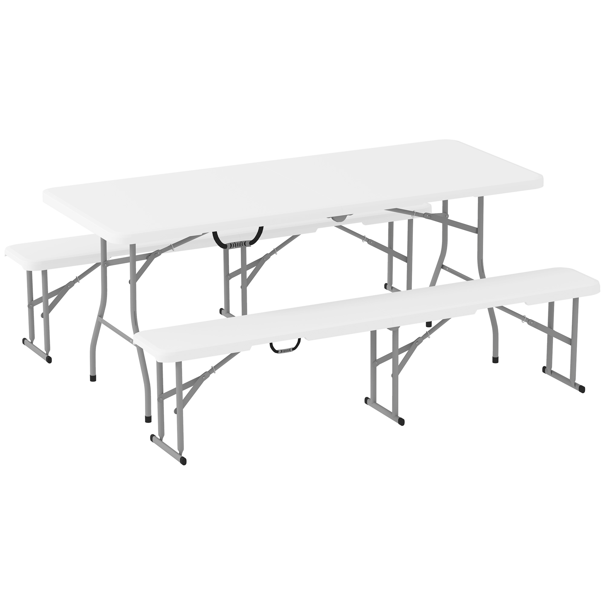 Outsunny 3-delig Picknicktafelset, 1 Tafel, 2 Banken, Opvouwbare Campingtafel met Draaghandvatten, Kunststof, Metaal, Wit