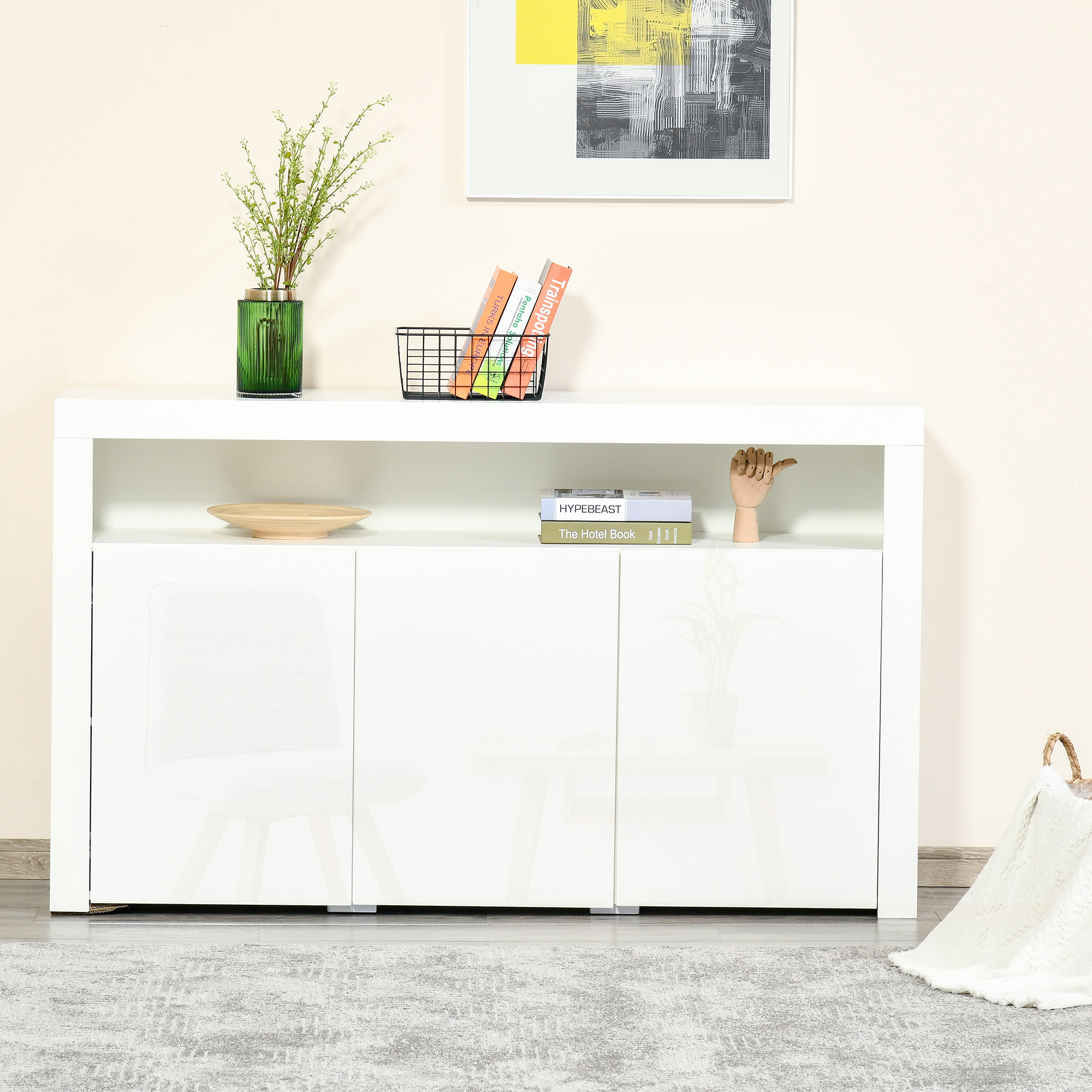 HOMCOM dressoir hoogglans voorraadkast keukenkast met led-verlichting en glazen plank voor entree eetkamer woonkamer Materiaal MDF en spaanplaat wit 97 x 35 x 83 cm
