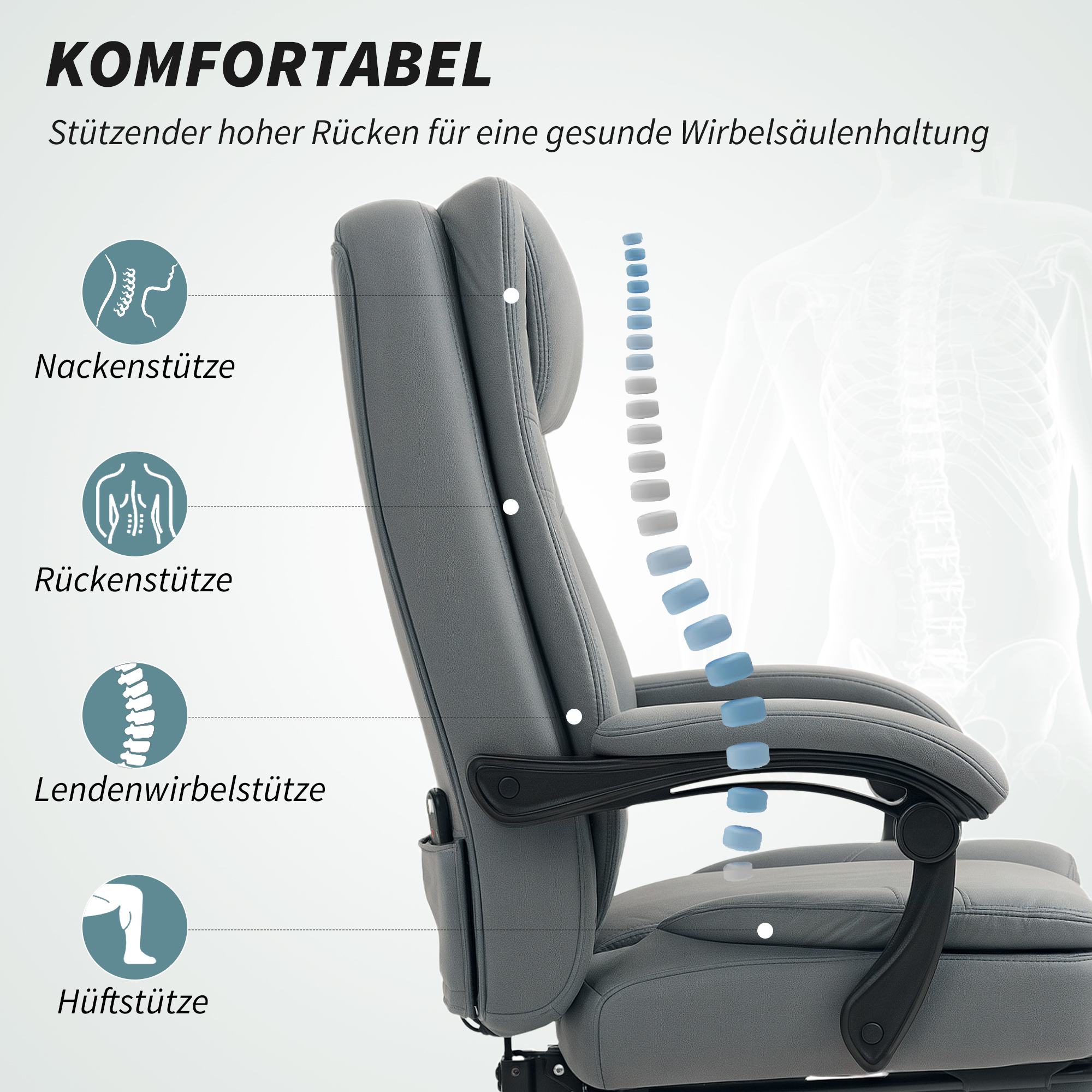 HOMCOM Bureaustoel met Massagefunctie, In Hoogte Verstelbaar en Kantelbare Rugleuning, Gepolsterd, Op Wielen, Grijs