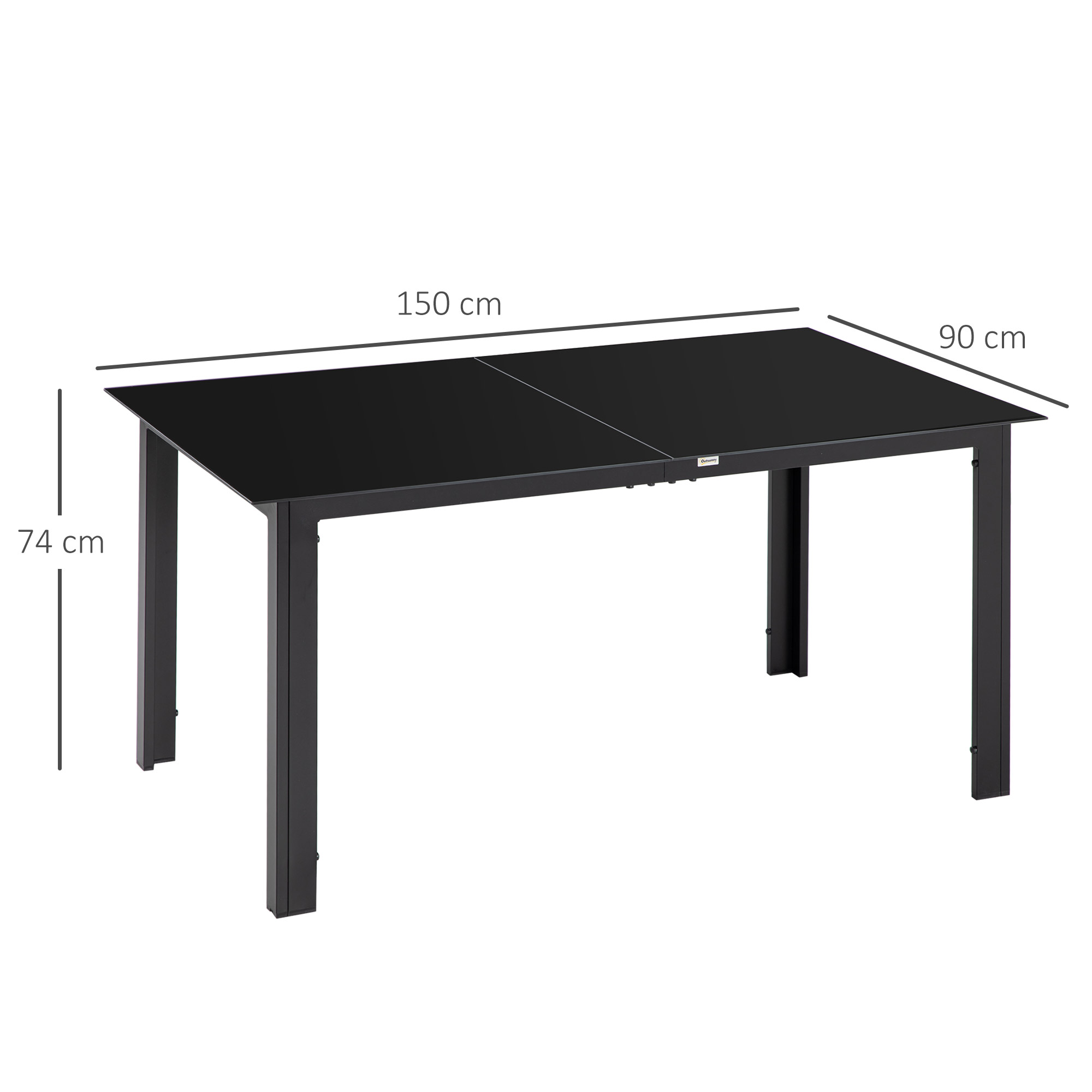 Tuintafel Outsunny voor 6 personen, weerbestendig, gehard glas, terrastafel, 150 cm x 90 cm x 74 cm, zwart