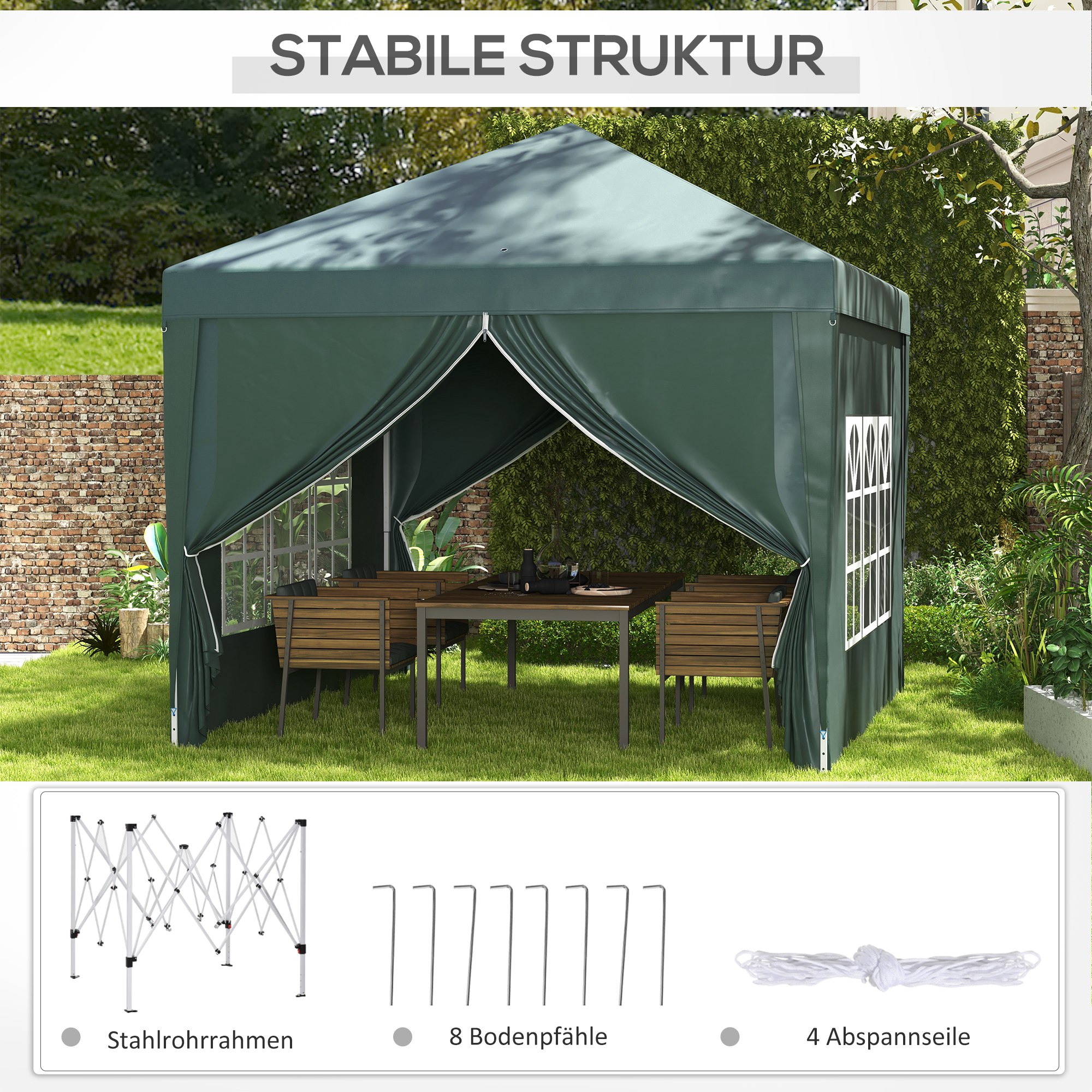 Outsunny Paviljoen, Biertent, 4 verwijderbare zijwanden, 2 ramen, Metalen frame, 2,95 x 2,95 m, Groen