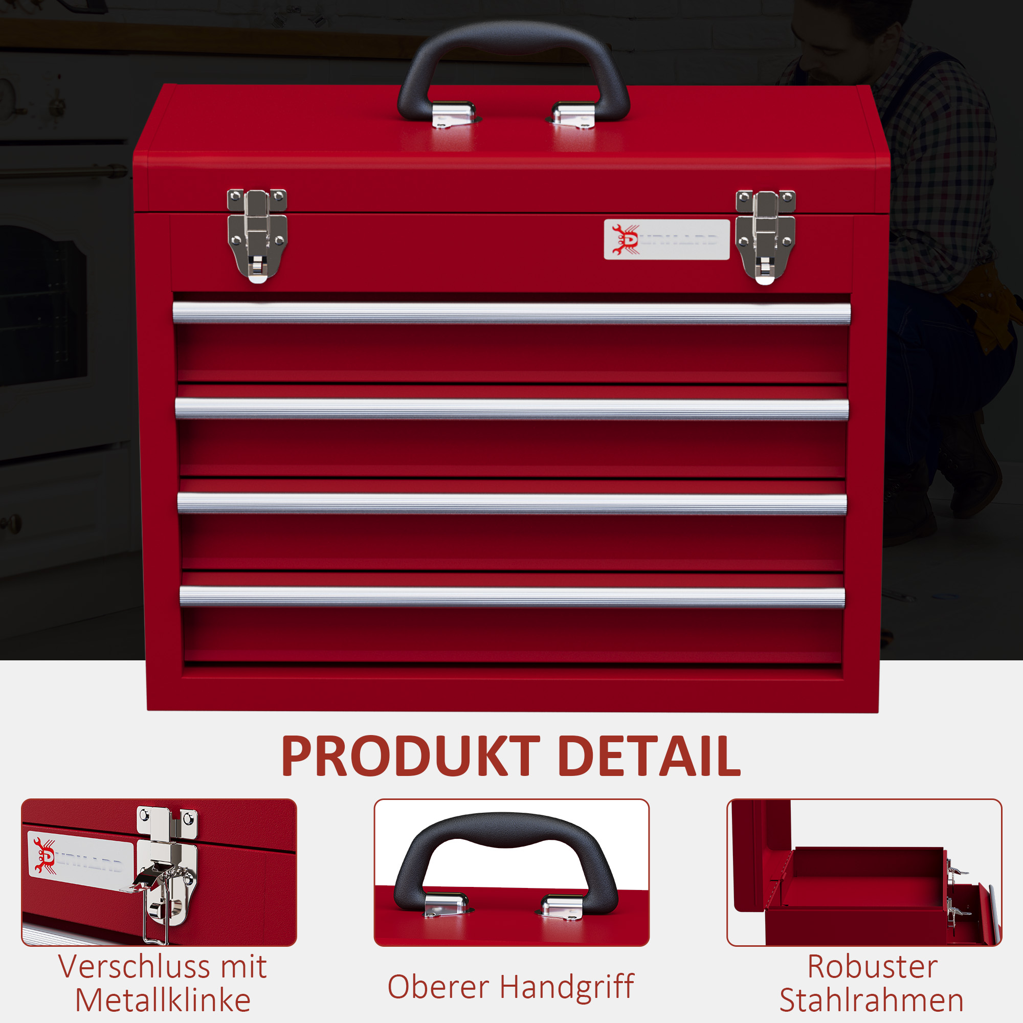 DURHAND Gereedschapskist met 4 lades, bovenvak, stalen sloten, draaggreep, 51x22x39,5 cm, Rood
