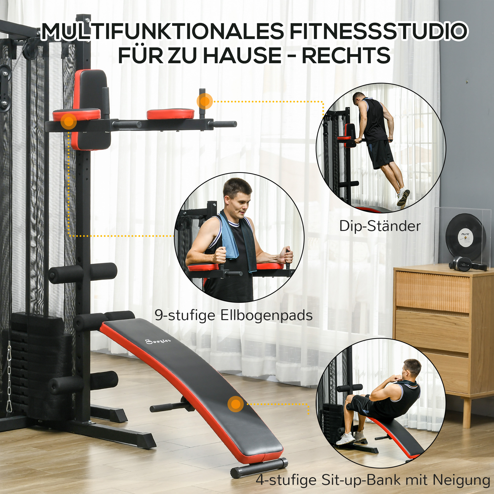 SPORTNOW Multifunctionele Trainingsstation met 65 kg Gewichtsblok, Verstelbaar, Voor Thuis Fitness, Staal, Kunstleer