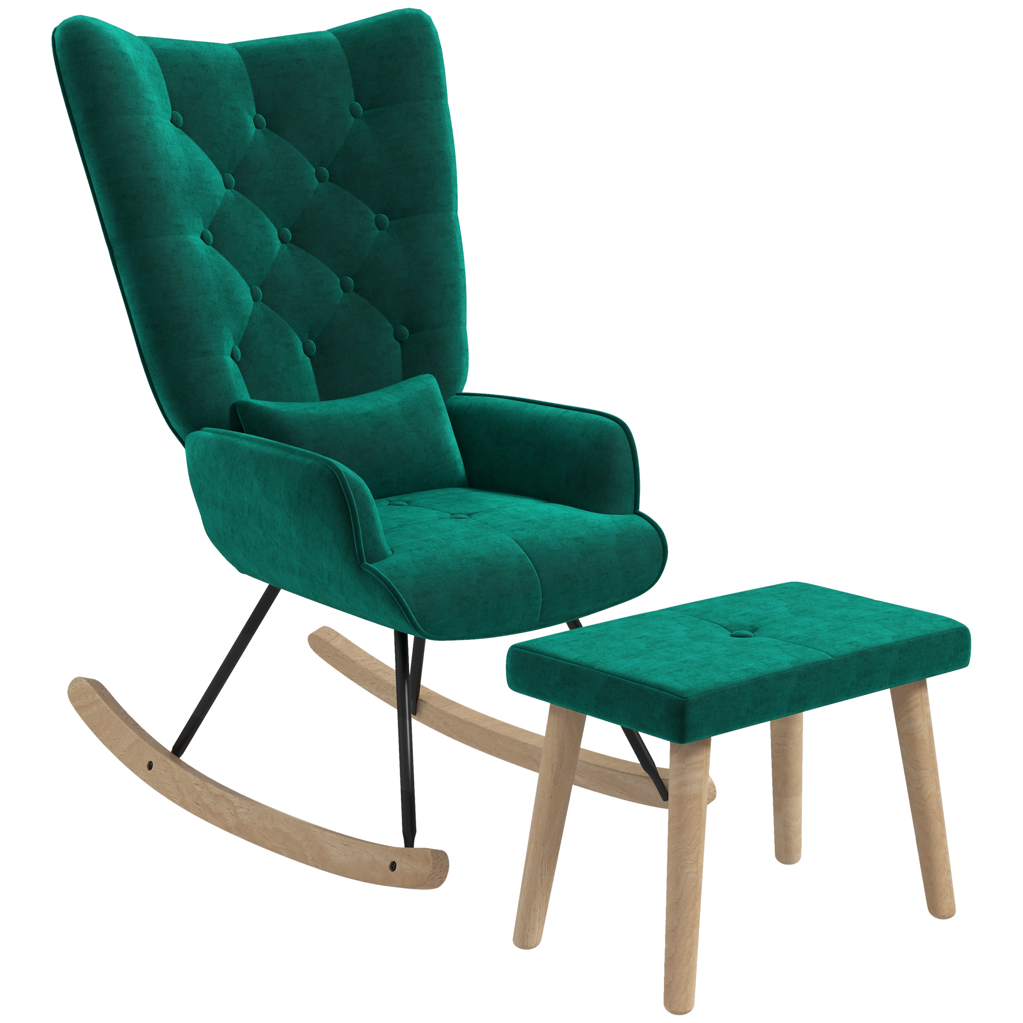 HOMCOM Schommelstoel met Poef, Gestoffeerd, Hoge Rugleuning, Fluweel Look, tot 150 kg, Groen
