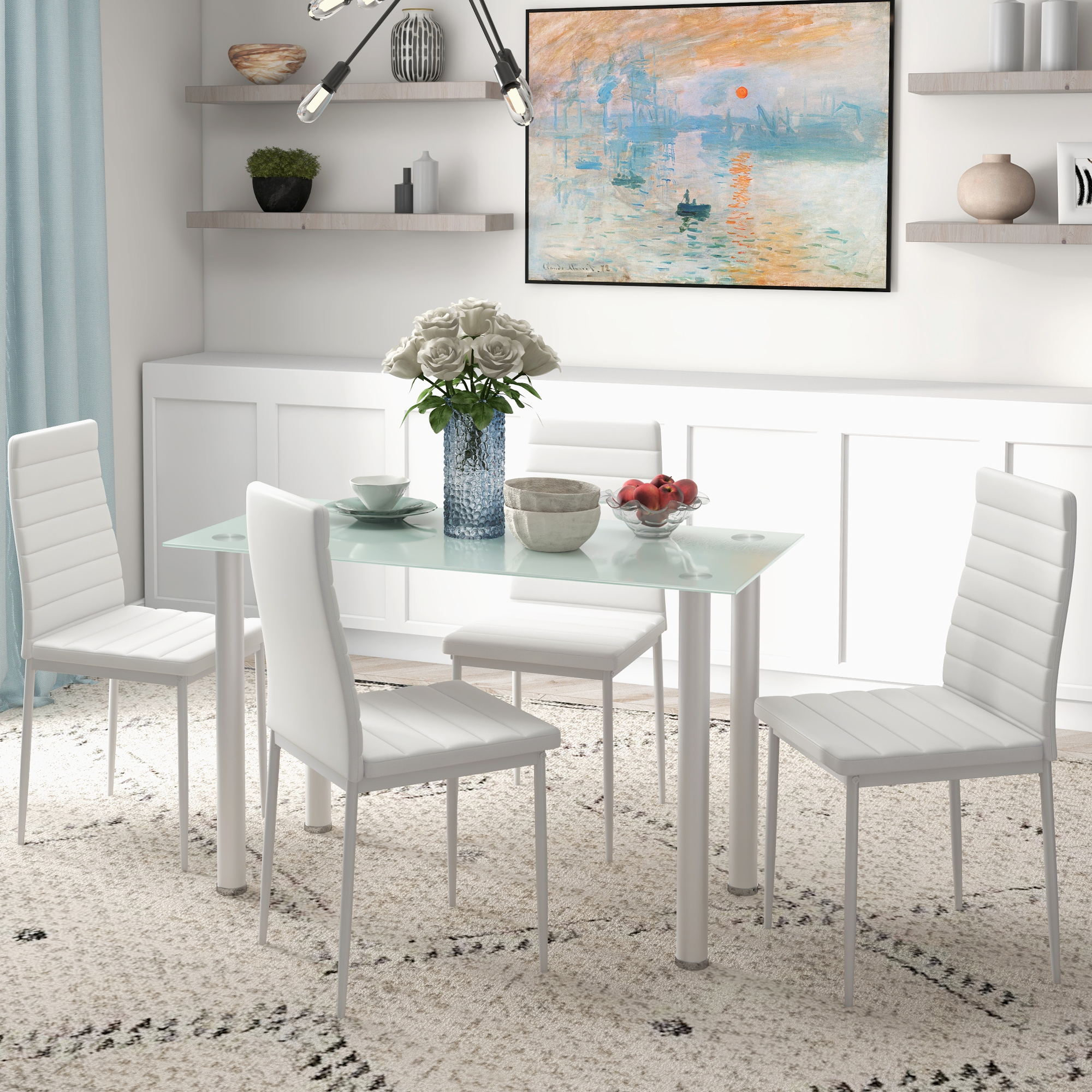 HOMCOM 5-delige Eetkamerset met Eettafel en 4 Stoelen, Modern Design, Glazen Tafel, Wit