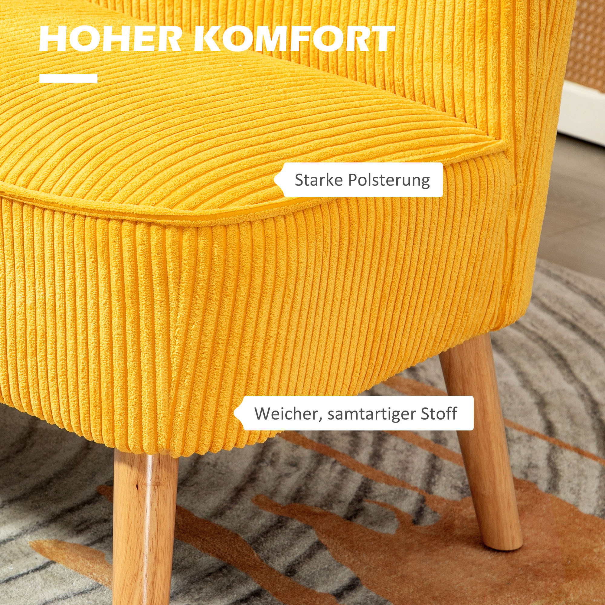 HOMCOM Tweezitsbank in elegant Scandinavisch ontwerp, stevig houten frame, tot 150 kg, 117 x 56,5 x 77 cm, Geel