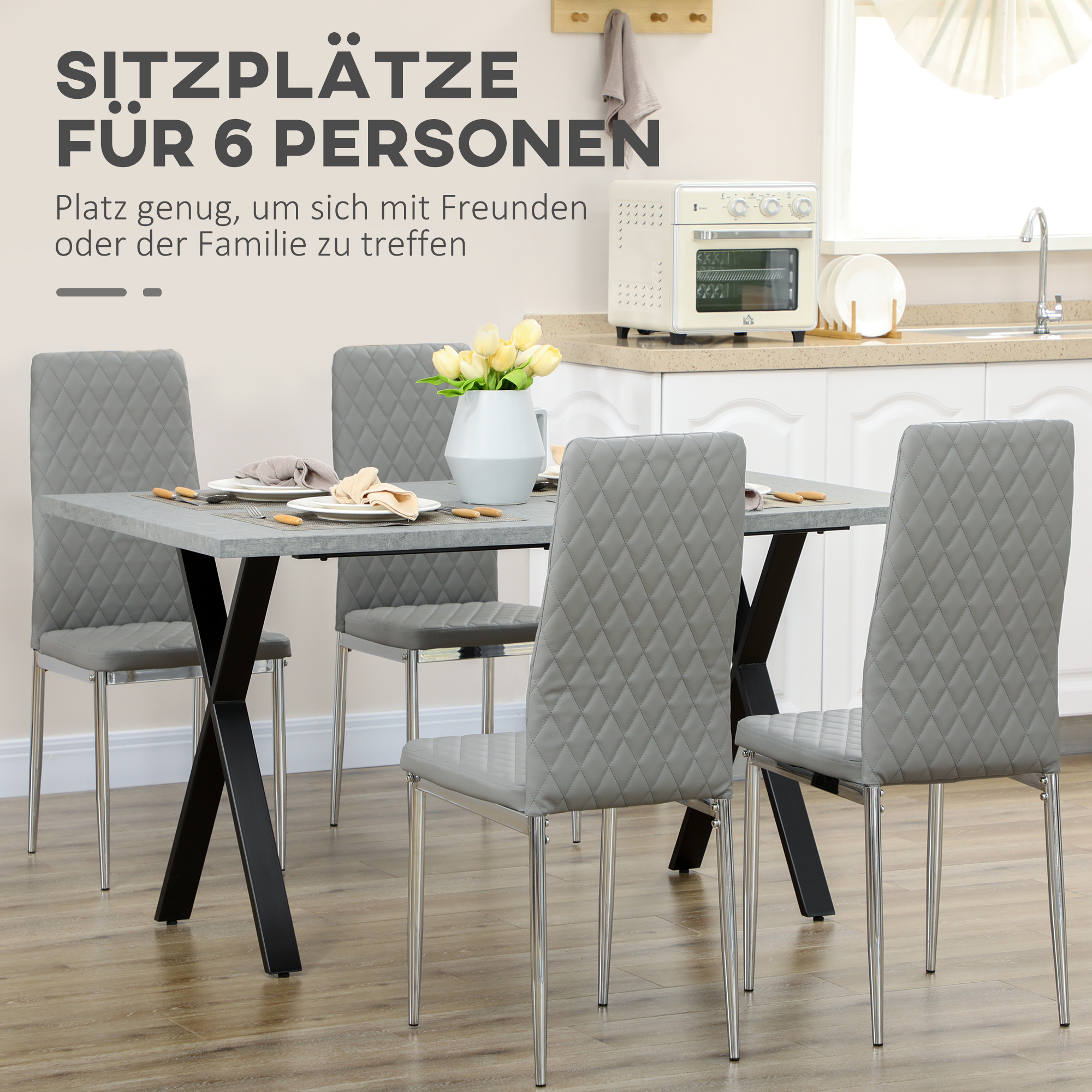 HOMCOM Eettafel, keukentafel, tafelblad met steeneffect, stalen poten, 140 x 80 x 76 cm