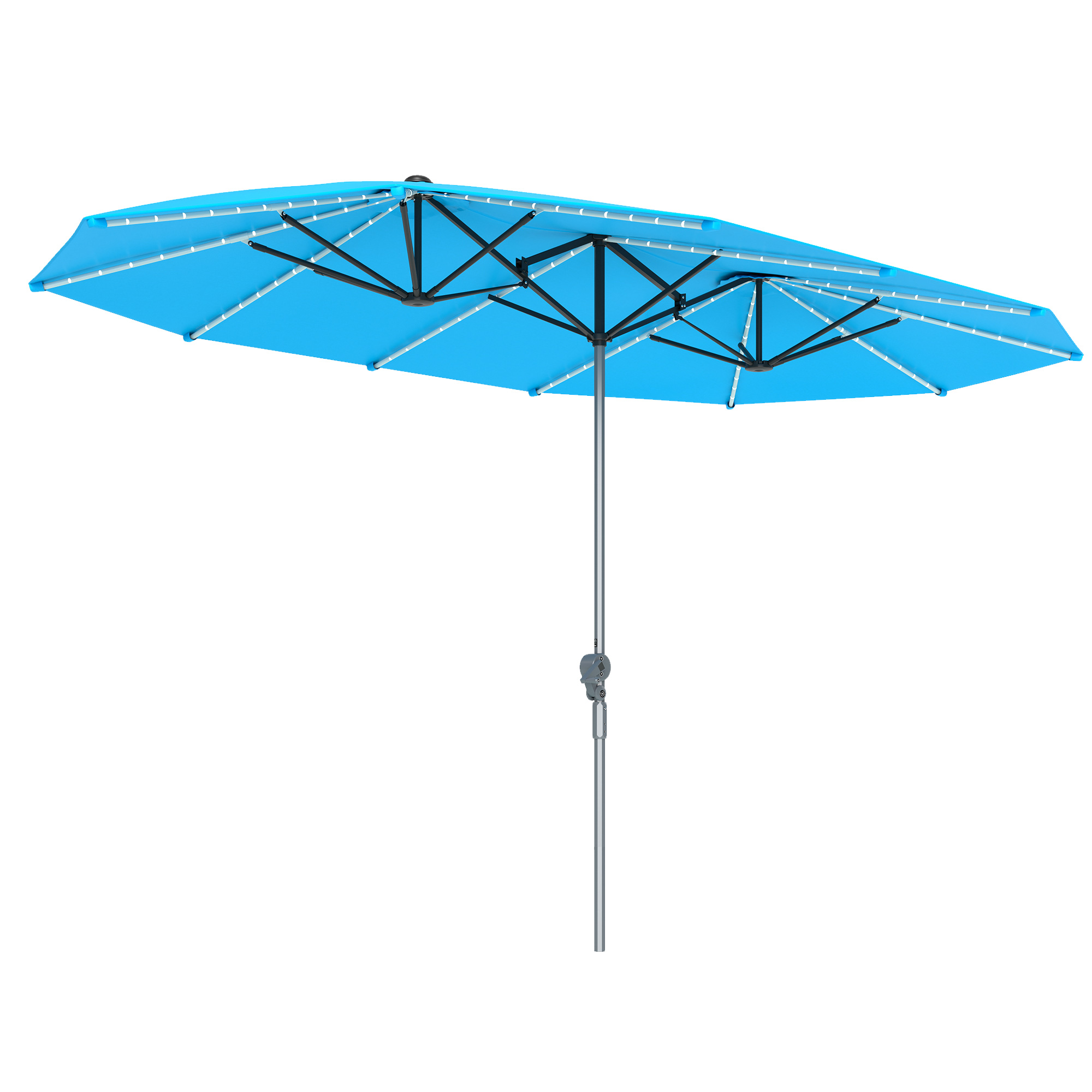 Outsunny Dubbele Parasol met Zonne-energie Verlichting, Aluminium, Polyester, UPF50+ Bescherming, UV-bestendig, Terrasparasol, Blauw