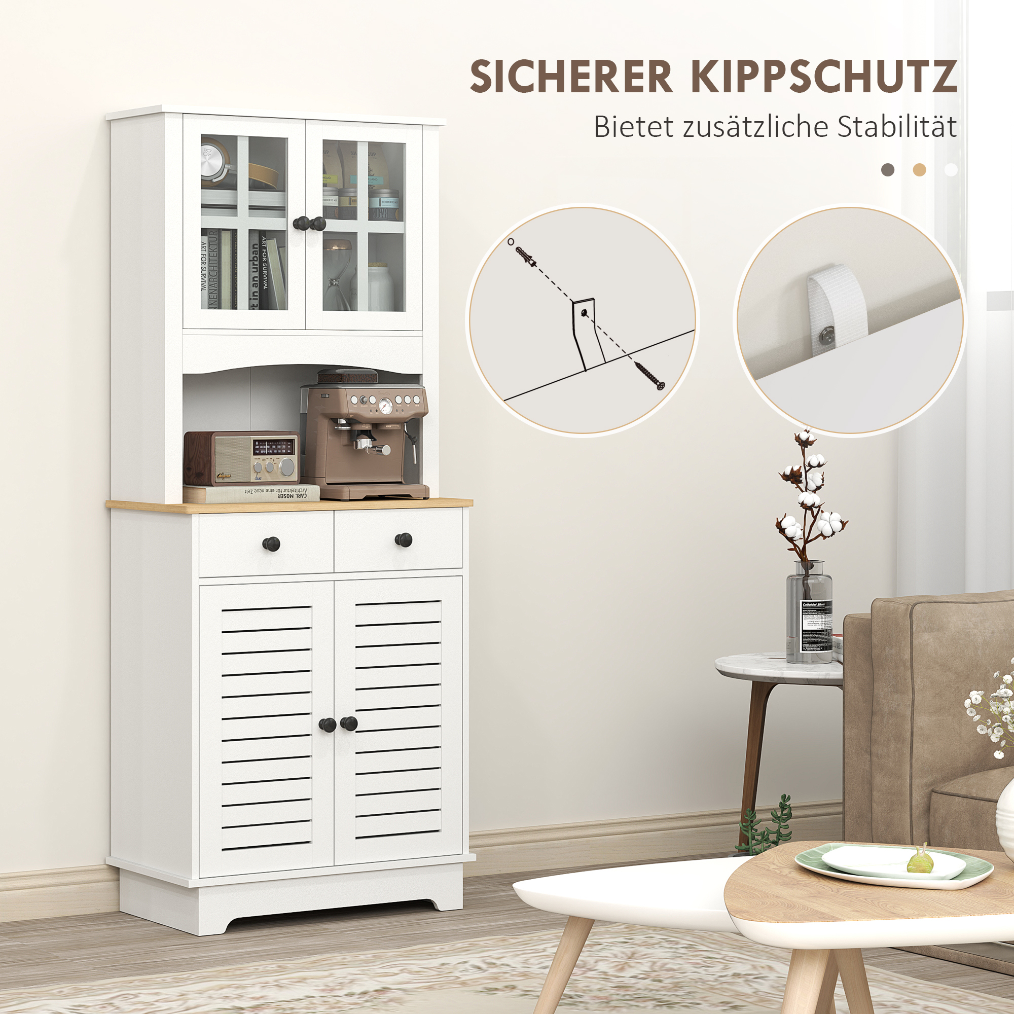HOMCOM Keukenkast met Glazen Deuren, 2 Laden, Servieskast, Eetkamerschrank, Hout, 68 x 39,5 x 170 cm, Wit
