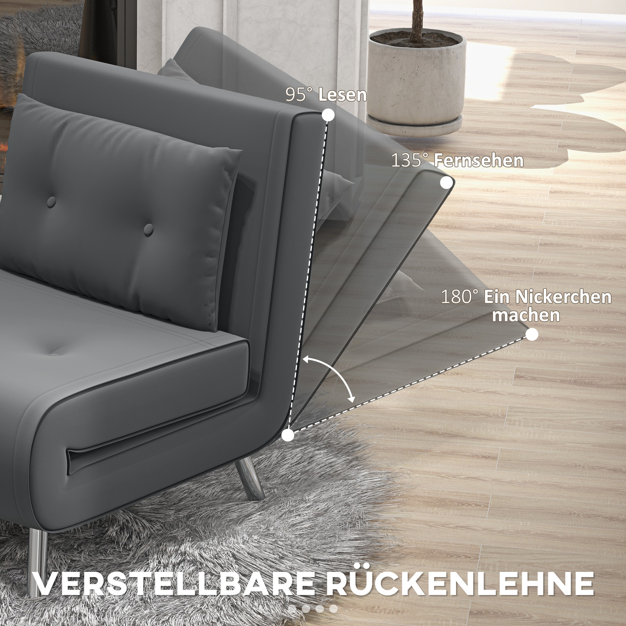 HOMCOM Ligstoel Stoel met Ligfunctie Slaapstoel, Knoopdetail, Linnenlook, 77 cm x 88 cm x 83 cm, Donkergrijs