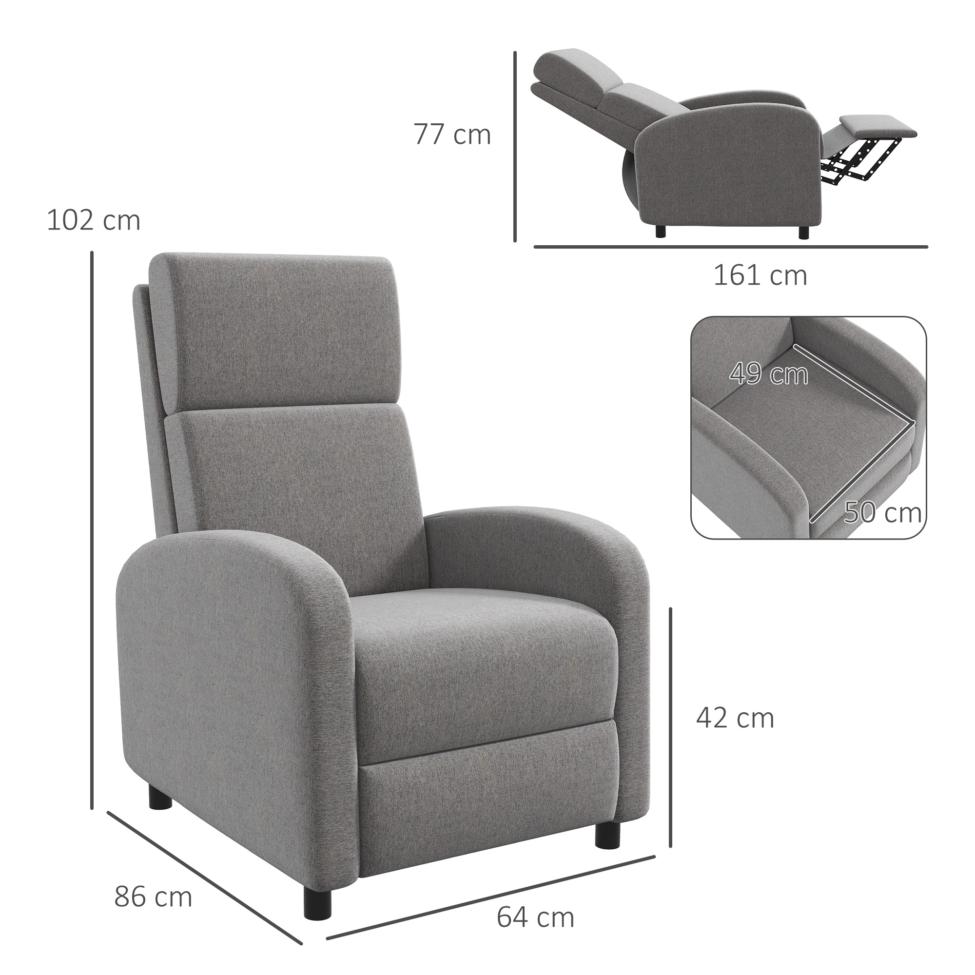 HOMCOM Relaxstoel TV-stoel, uitklapbare voetensteun, kantelbaar tot 160°, 64 x 86 x 102 cm, Grijs