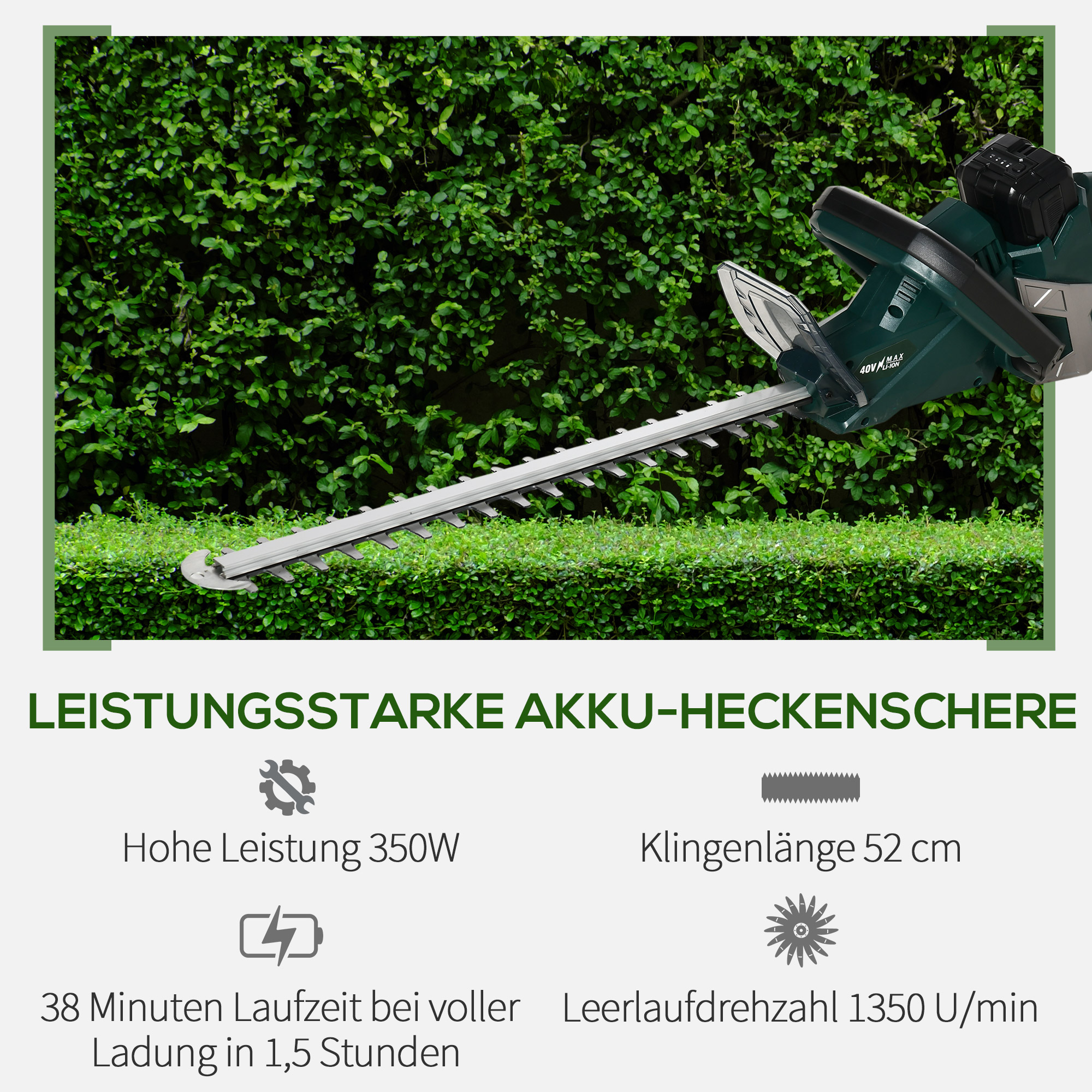 DURHAND Elektrische heggenschaar Snoerloze Elektrische heggenschaar met 350 W motorvermogen Snoerloze 180° draaihendel 52 cm snijlengte Staal ABS Groen + Zwart