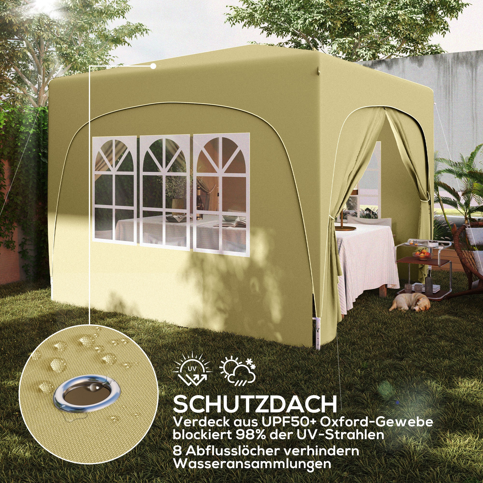 Outsunny 3 x 3 m Paviljoen, Pop-up Tuintent met Zijwanden en Draagtas, UPF50+, Hoogte Verstelbaar, Zand
