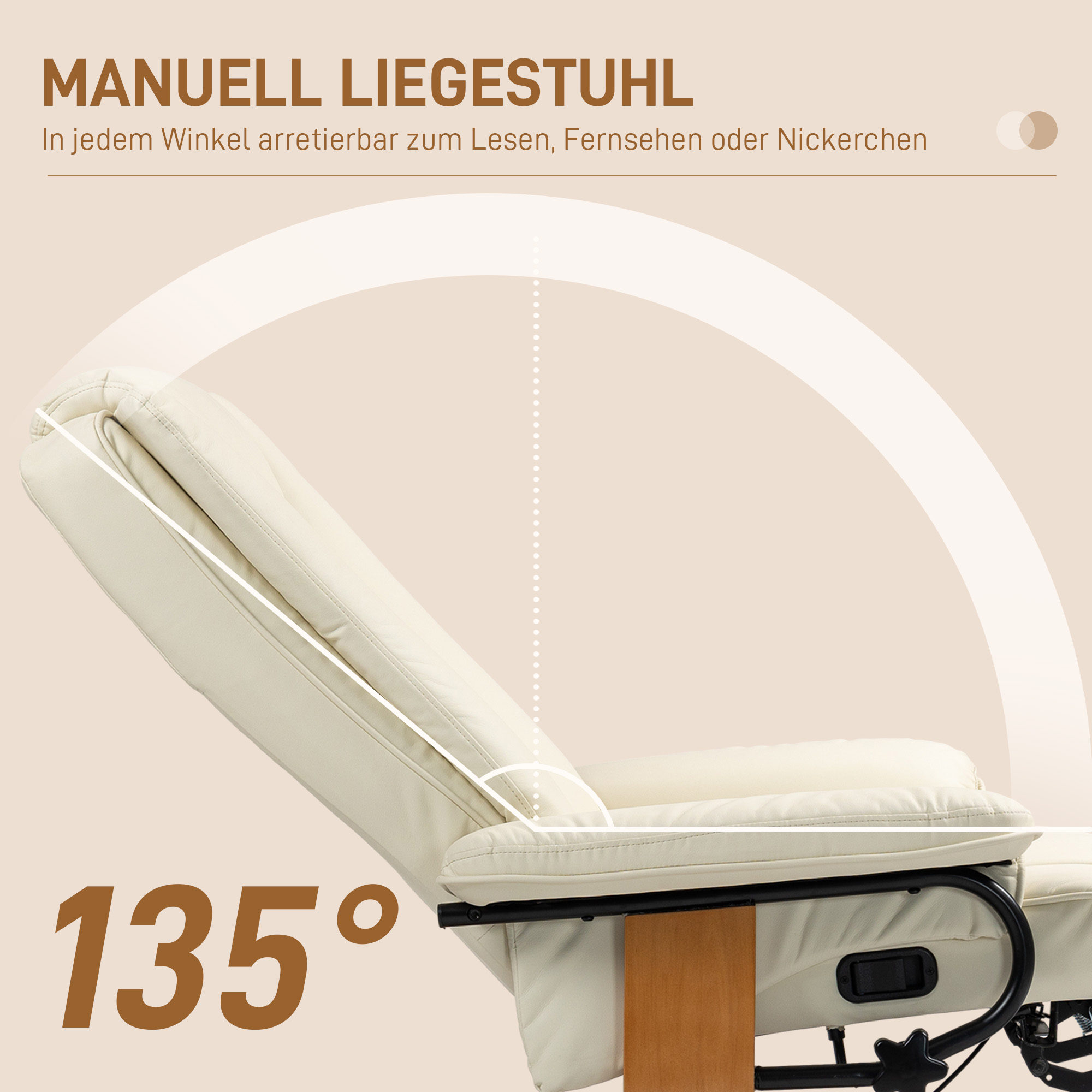 HOMCOM Relaxstoel met Ligfunctie, Draaibaar, tot 150 kg, Kunstleerbekleding, Stalen Frame, Crèmewit