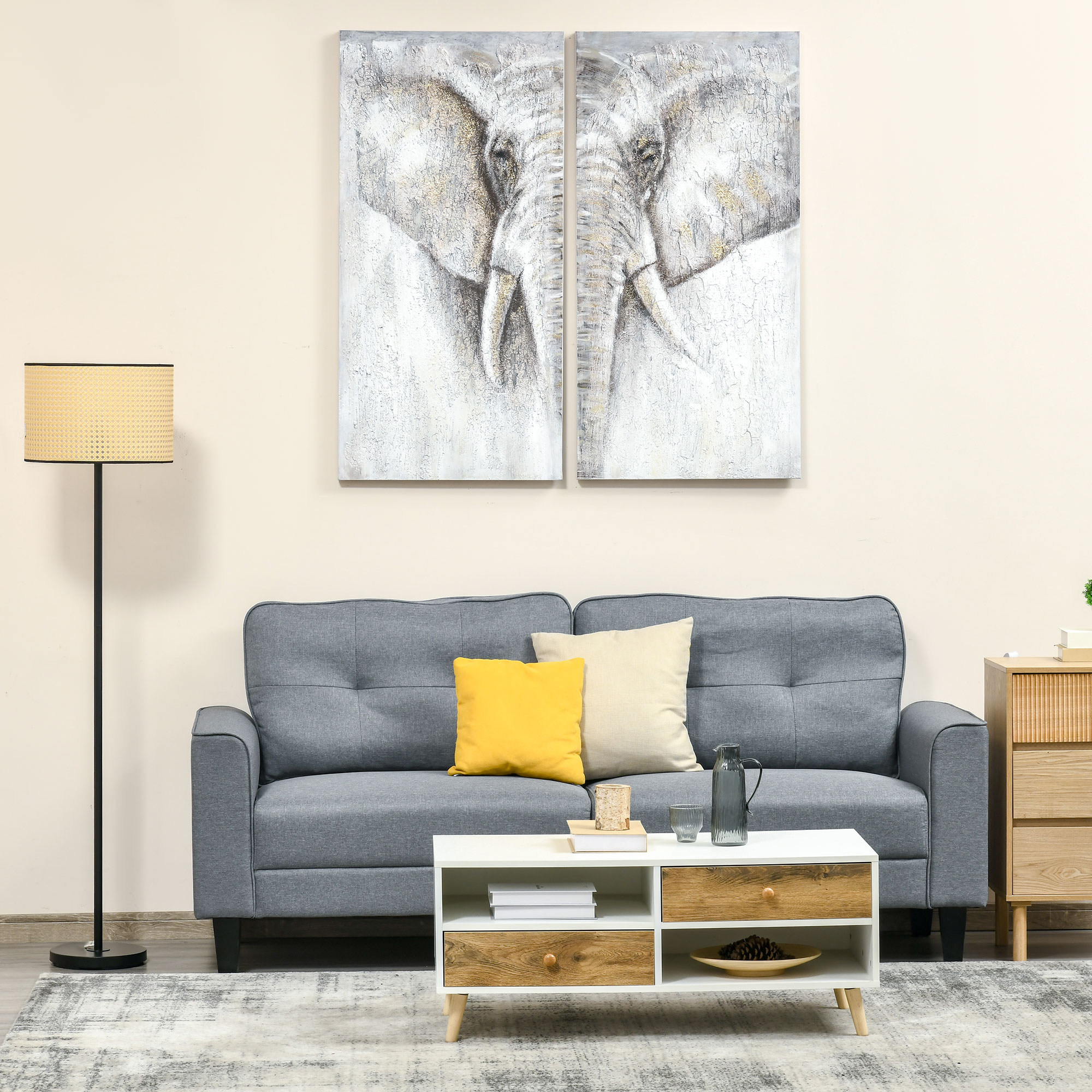 HOMCOM muurschilderingen, set van 2 stuks, wanddecoratie op canvas 'olifant' 120 x 120 x 2,8 cm
