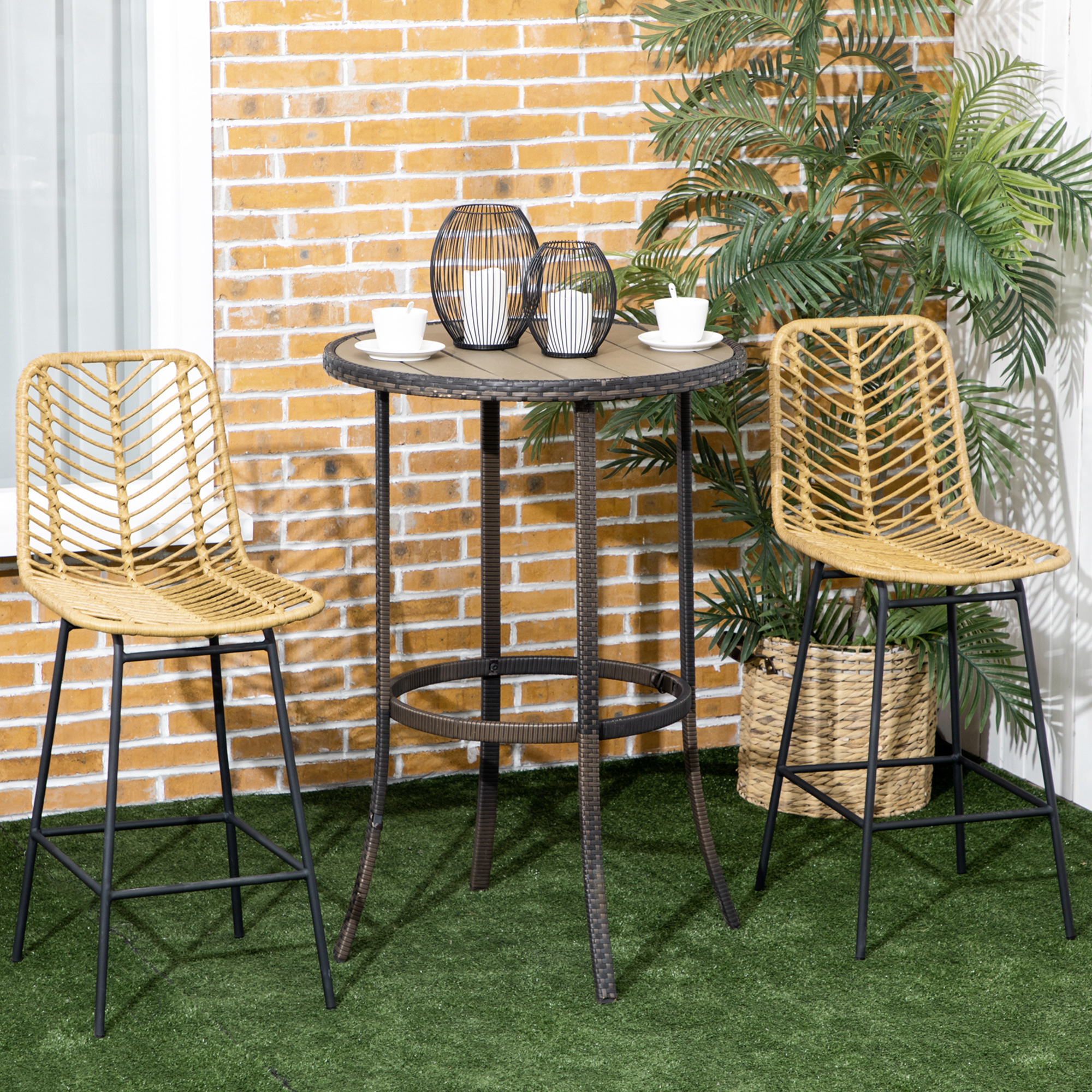 HOMCOM Set van 2 barkrukken in boho-design, PE-rotan, inclusief voetsteun, 42,5 cm x 52 cm x 102 cm, geel+zwart