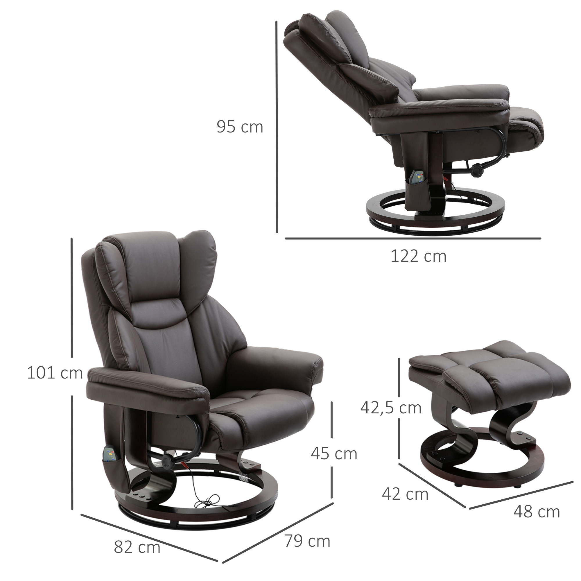 HOMCOM massagestoel met voetenbank relaxstoel kantelbaar tot 145° kunstleer bruin 79 x 82 x 101 cm