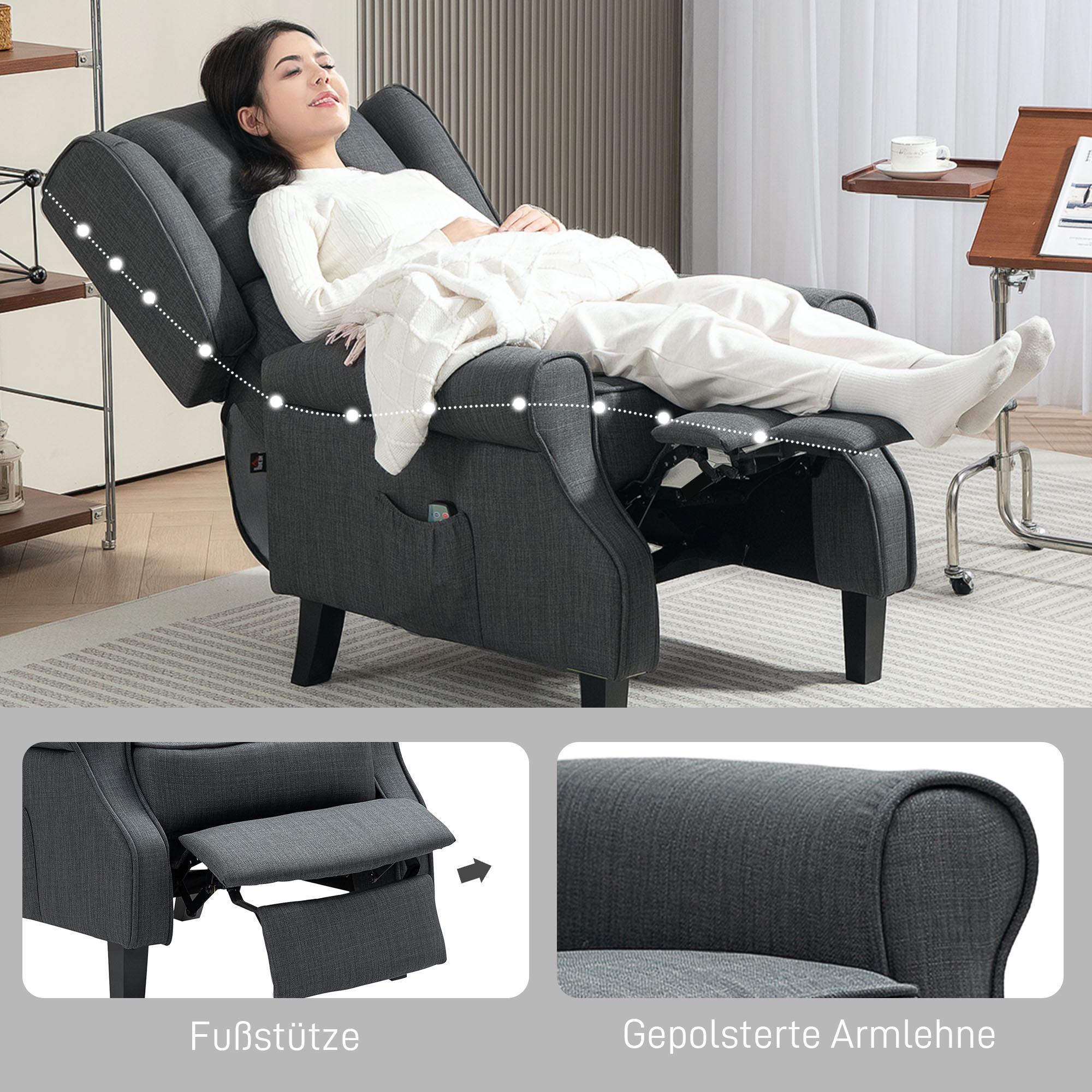 HOMCOM Massagestoel met Verwarmingsfunctie, 2 Massagezones, Ligfunctie, tot 150 kg, Donkergrijs