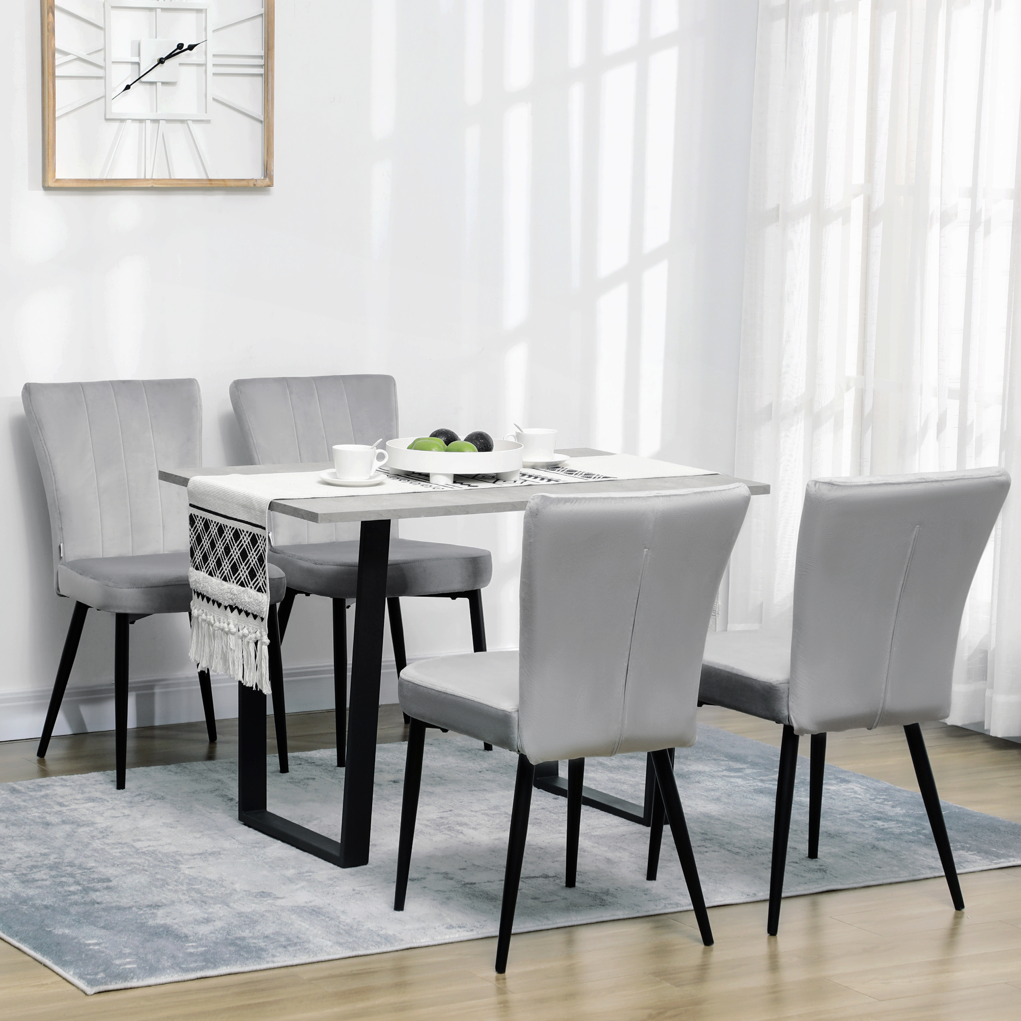 HOMCOM Set van 4 eetkamerstoelen, accentstoelen voor keukens en eetkamers, stoelenset, velourslook, lichtgrijs+zwart