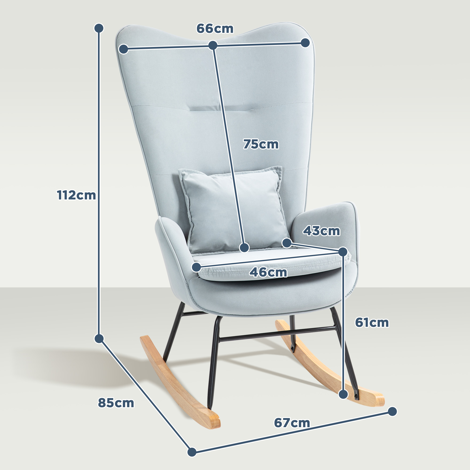 HOMCOM Schommelstoel met Zachte Bekleding in Samtlook, Inclusief Lendekussen, tot 120 kg, 67 x 85 x 112 cm, Lichtgrijs