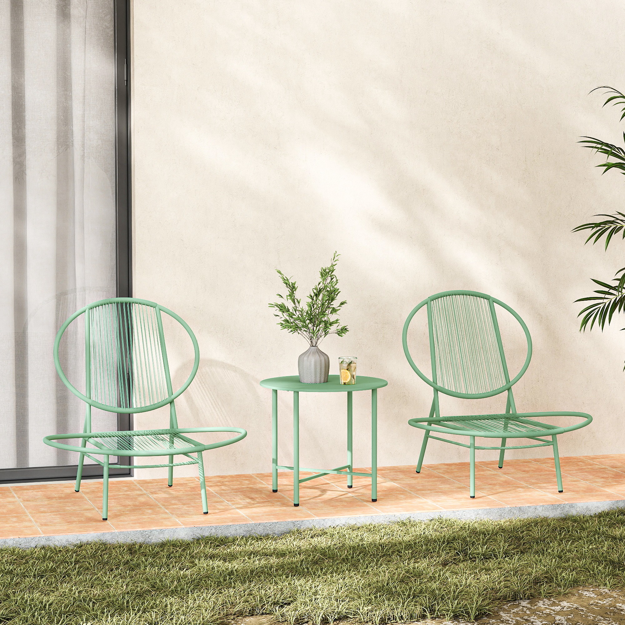 Outsunny 3-Delige Bistroset van Polyrattan - Weerbestendige Tuinmeubelset met Bistrotisch - Schelpvormige Tuinstoelen Groen