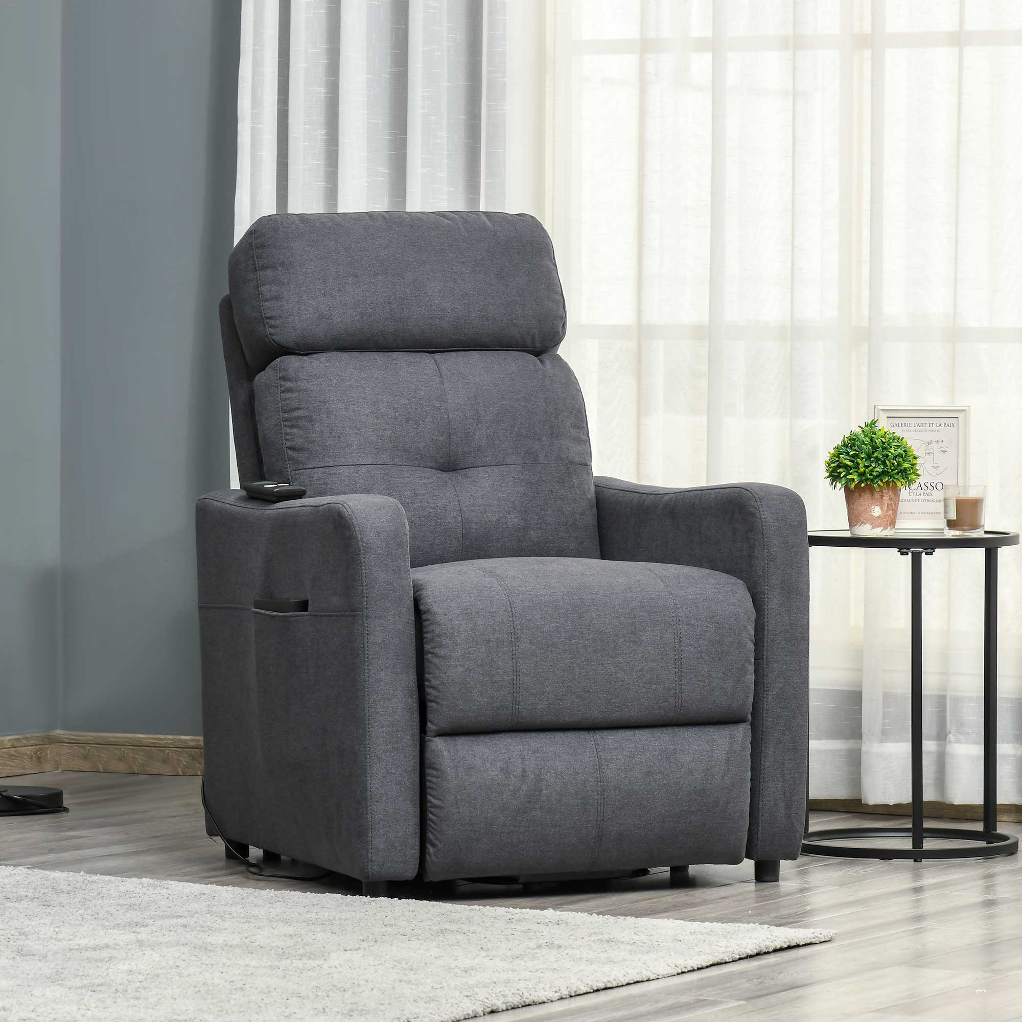 HOMCOM elektrische fauteuil TV fauteuil fauteuil met opstahulp Relax fauteuil met ligfunctie met afstandsbediening polyester stof grijs 71 x 94 x104 cm