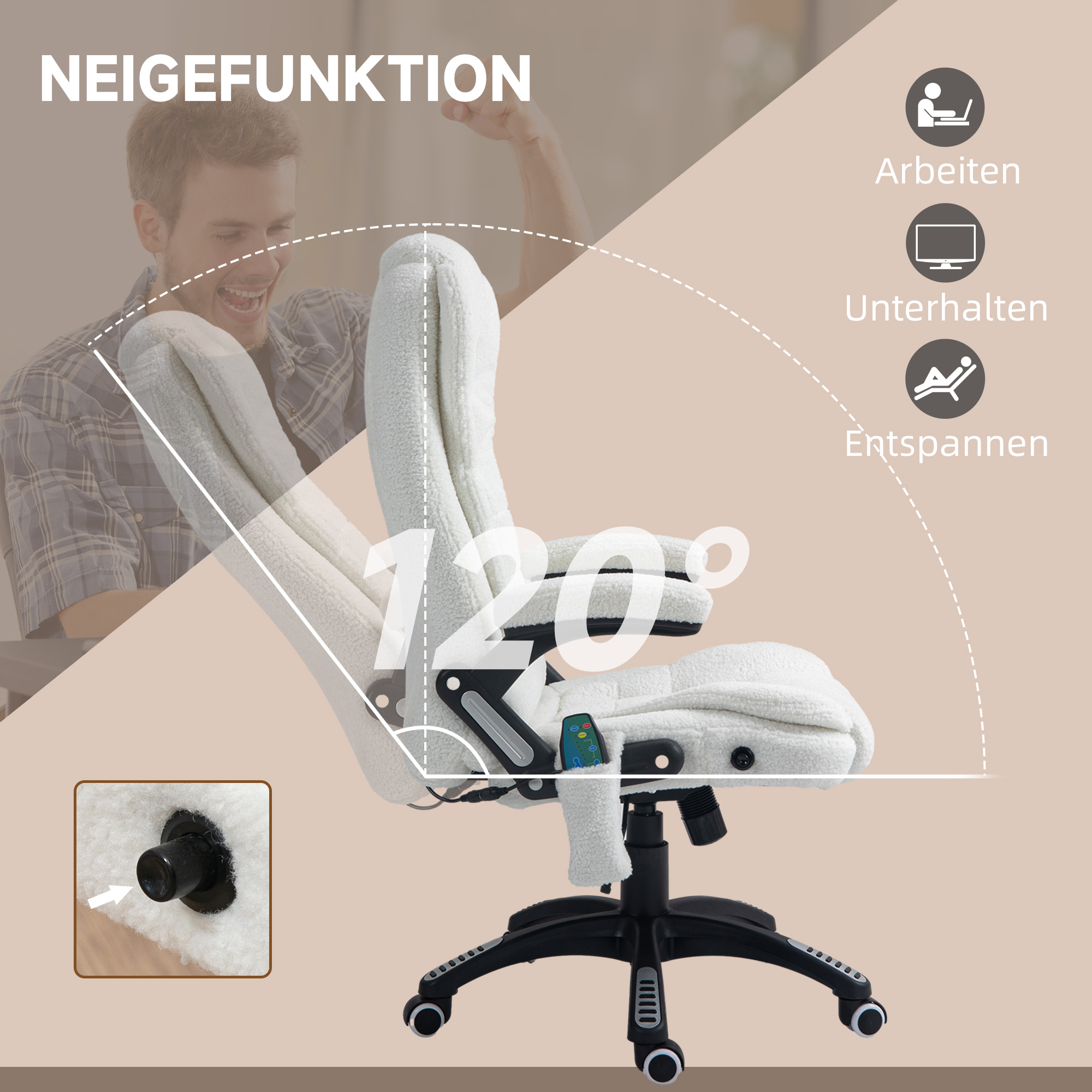 Vinsetto Bureaustoel met massagefunctie, verstelbaar in hoogte, 67 x 74 x 107-116 cm, wit