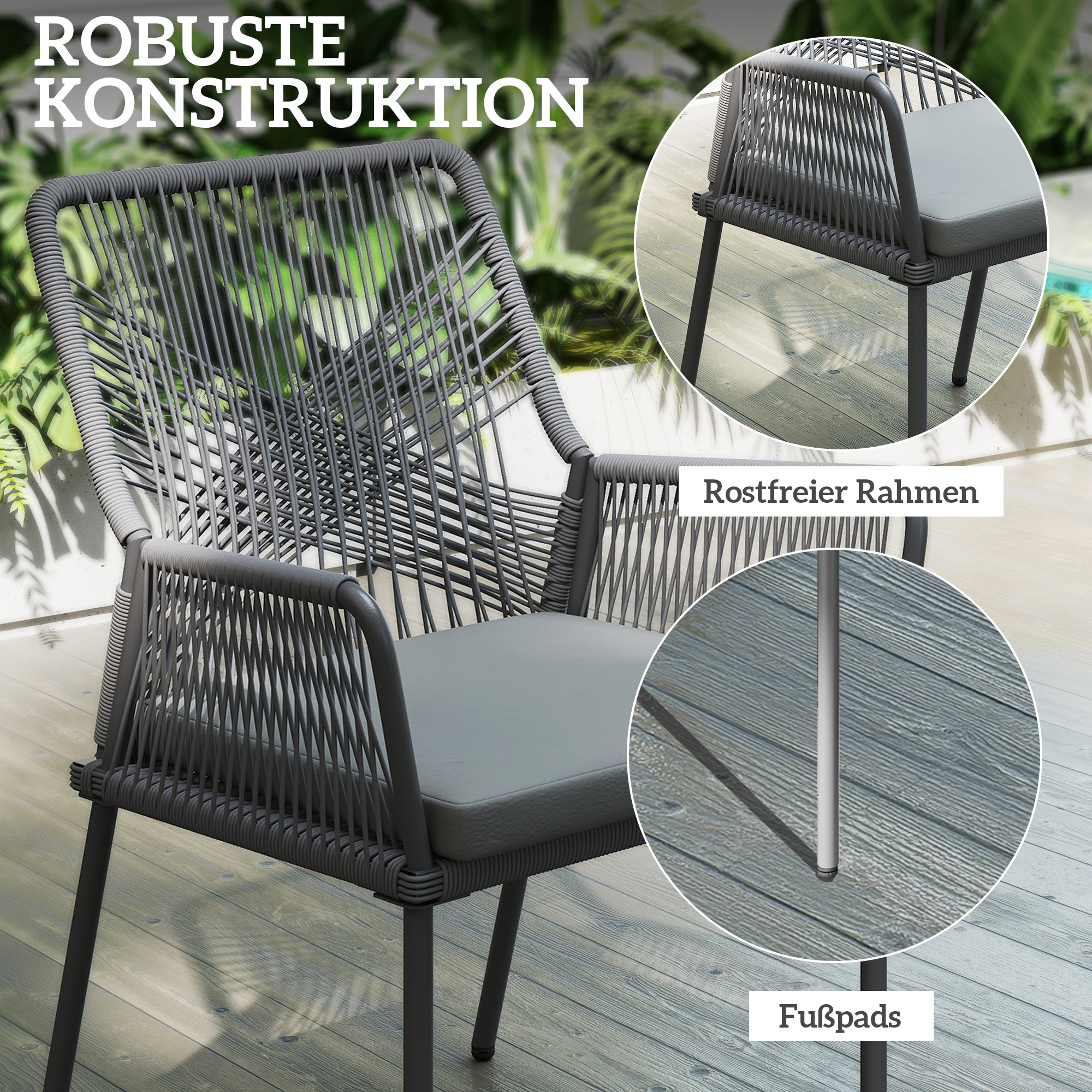 Outsunny Set van 2 Tuinstoelen, Terrasstoelen met Wasbare Kussens, Rug- en Armleuningen, Staal, Rattan, Donkergrijs