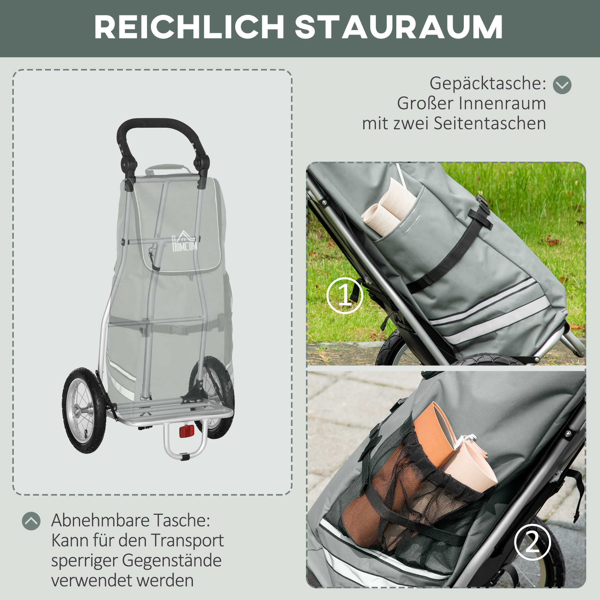 HOMCOM 3-in-1 Boodschappentrolley Winkelwagen Fietsaanhanger Steekwagen, 53 x 43 x 110cm, Grijs+Zilver