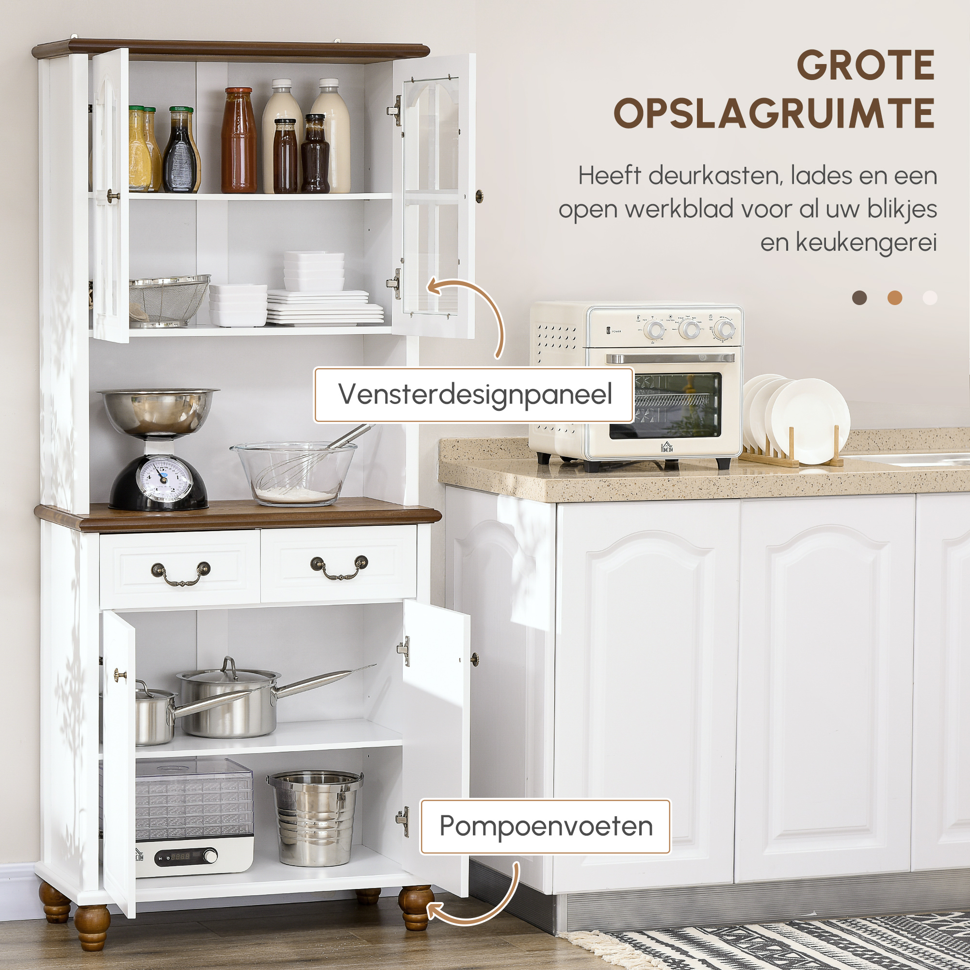HOMCOM Kast voor in de keuken, buffet, 2 laden, 2 kastvakken, klassiek ontwerp, wit + donkerbruin, 76 x 38 x 182 cm