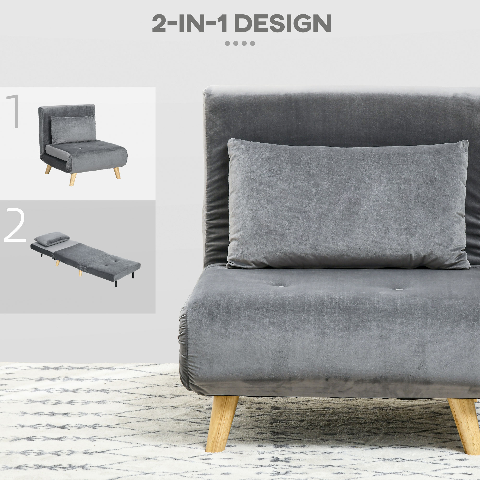 HOMCOM 2-in-1 Stoel, Relaxstoel, Gastenbed, 72 cm x 78 cm x 79 cm, Grijs