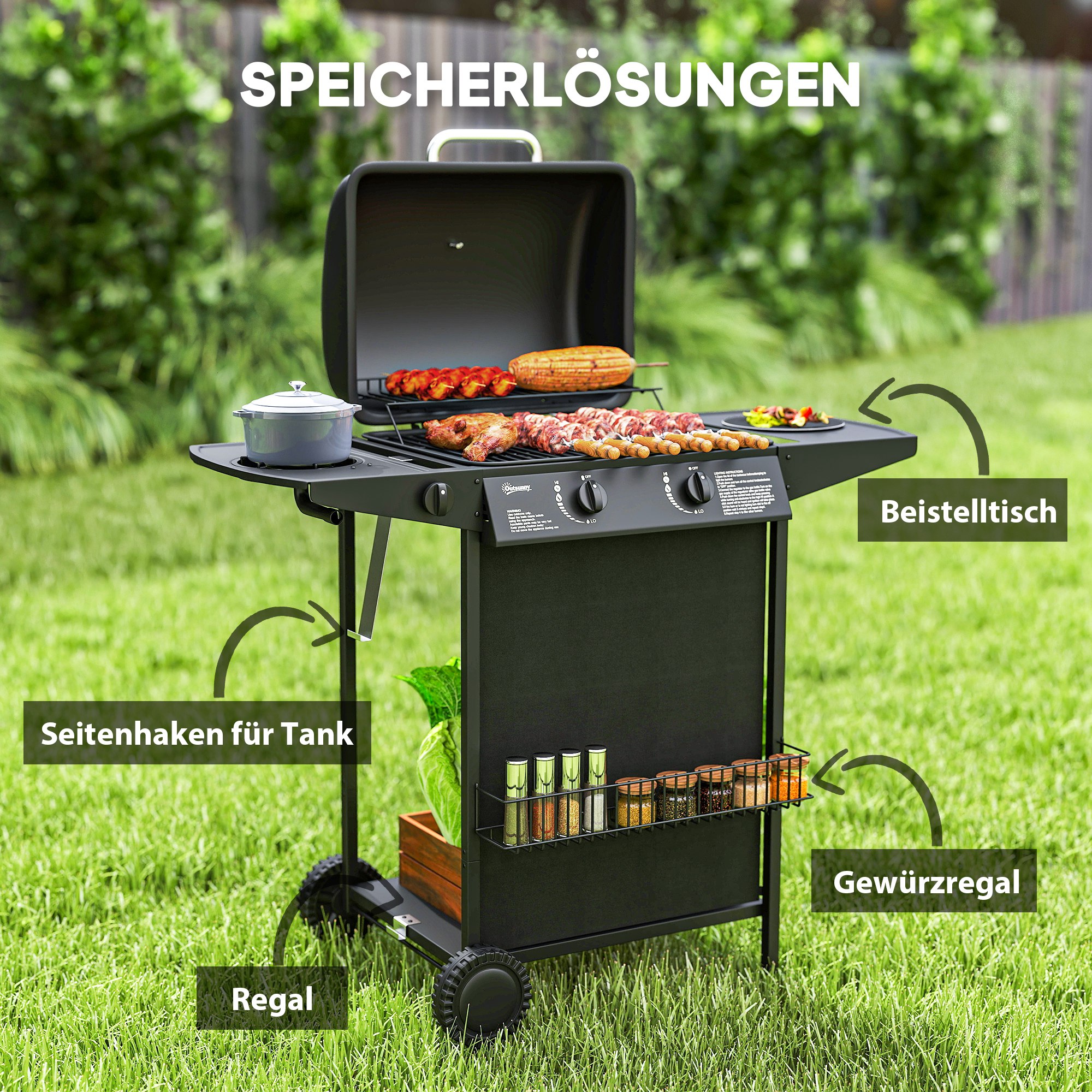 Outsunny Gasbarbecue 7 KW met 3 Branders, Zijbrander, Rollen & Deksel 107 x 54 x 96 cm Zwart