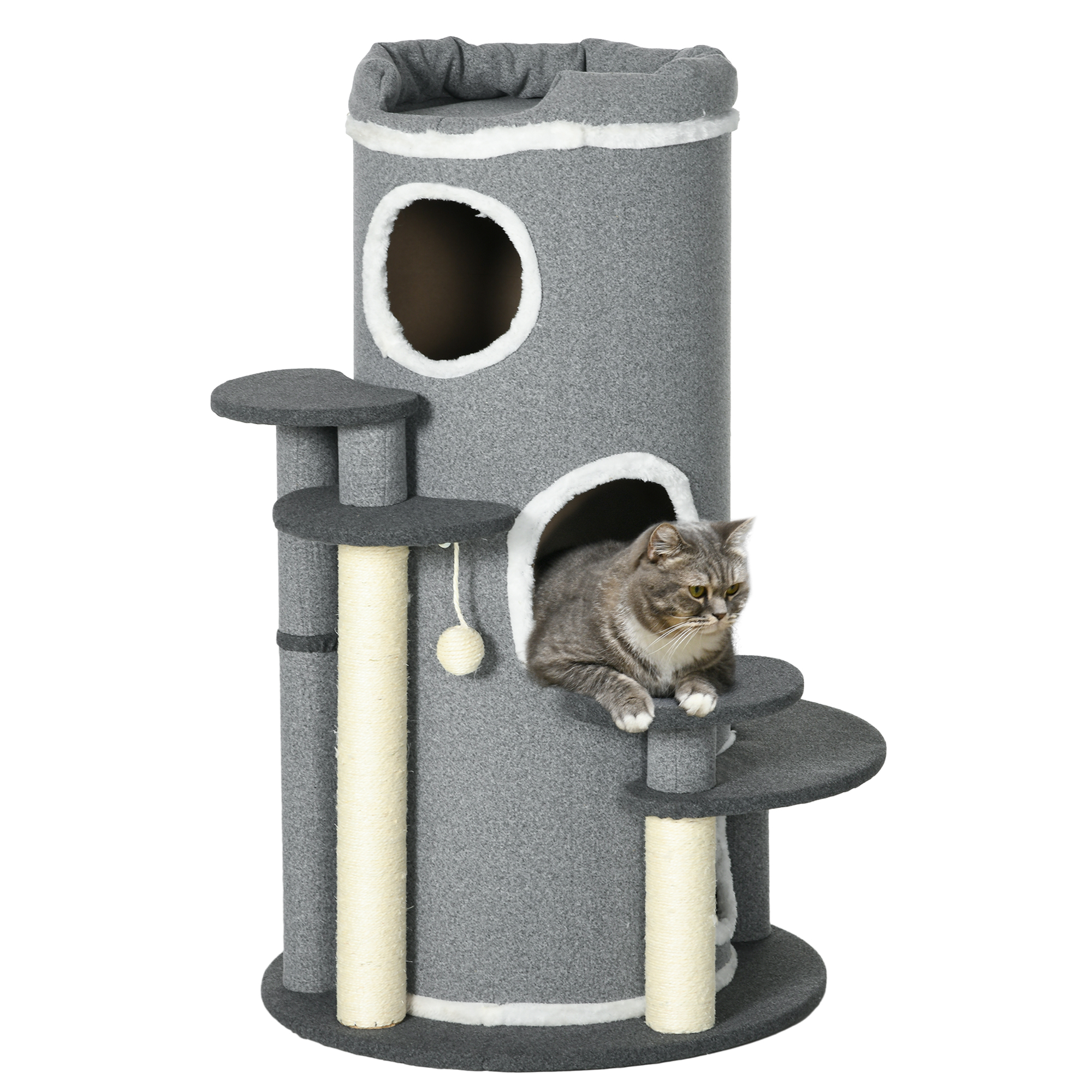PawHut Kattenkrabpaal Krabton, 2 Kattenholen, 4 Ligplekken, 4 Krabpalen, 57 x 57 x 99 cm, Grijs + Wit