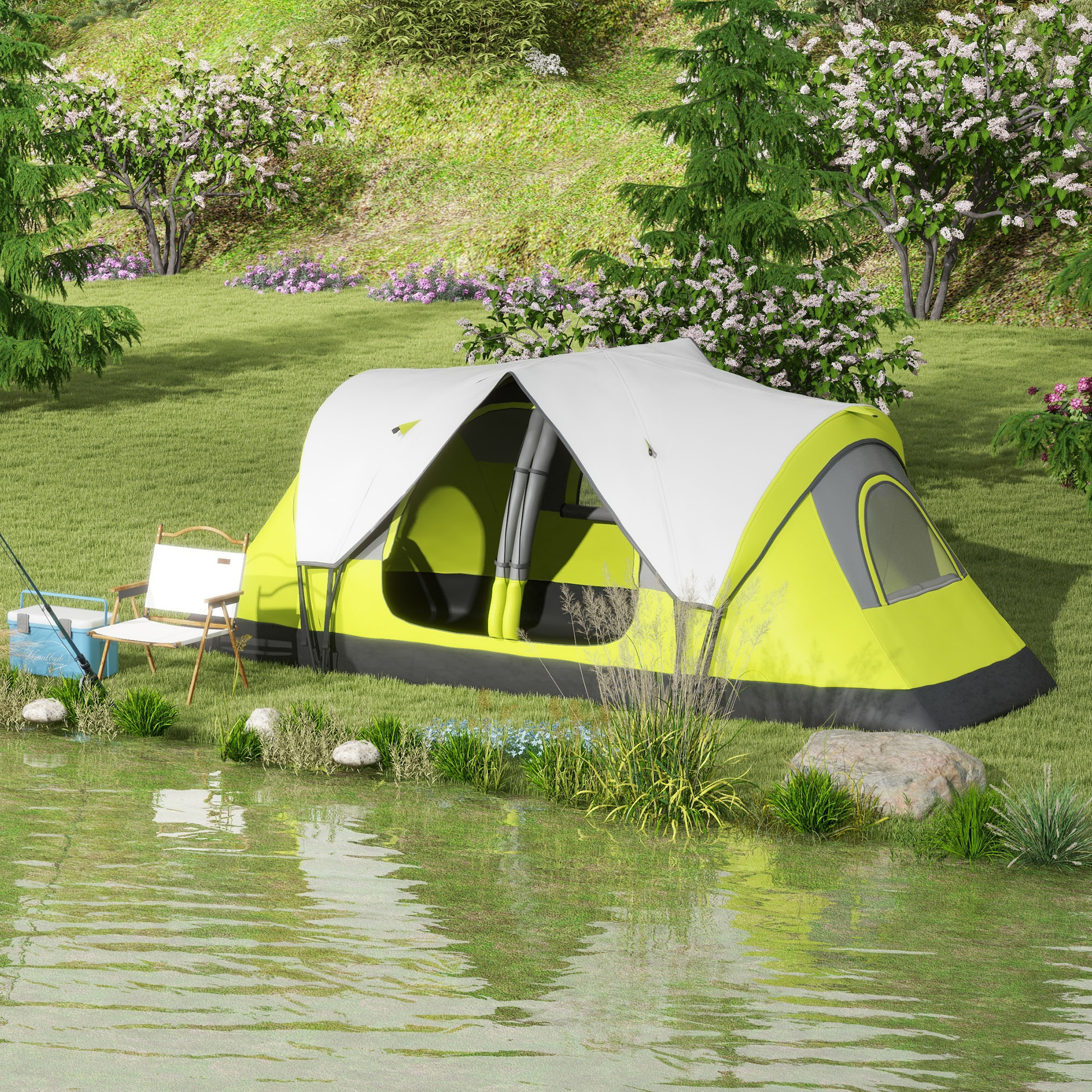 Outsunny Campingtent, 2 Kamers, Scheidingswand, voor 6 Personen, Regenbescherming, Donkergroen