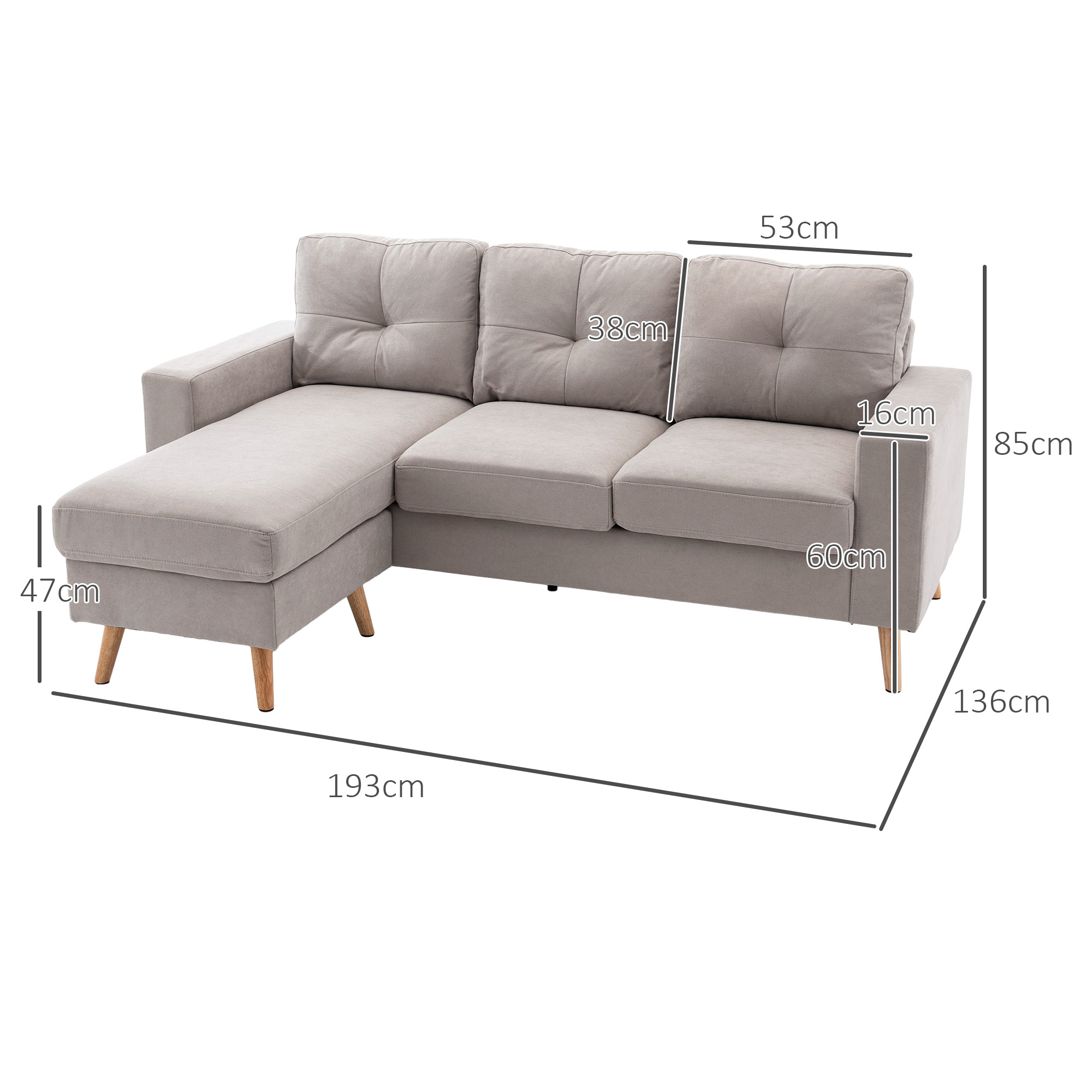HOMCOM 3-zits hoekbank, linnenlook, omkeerbare chaise longue, 193x136x85 cm, lichtgrijs