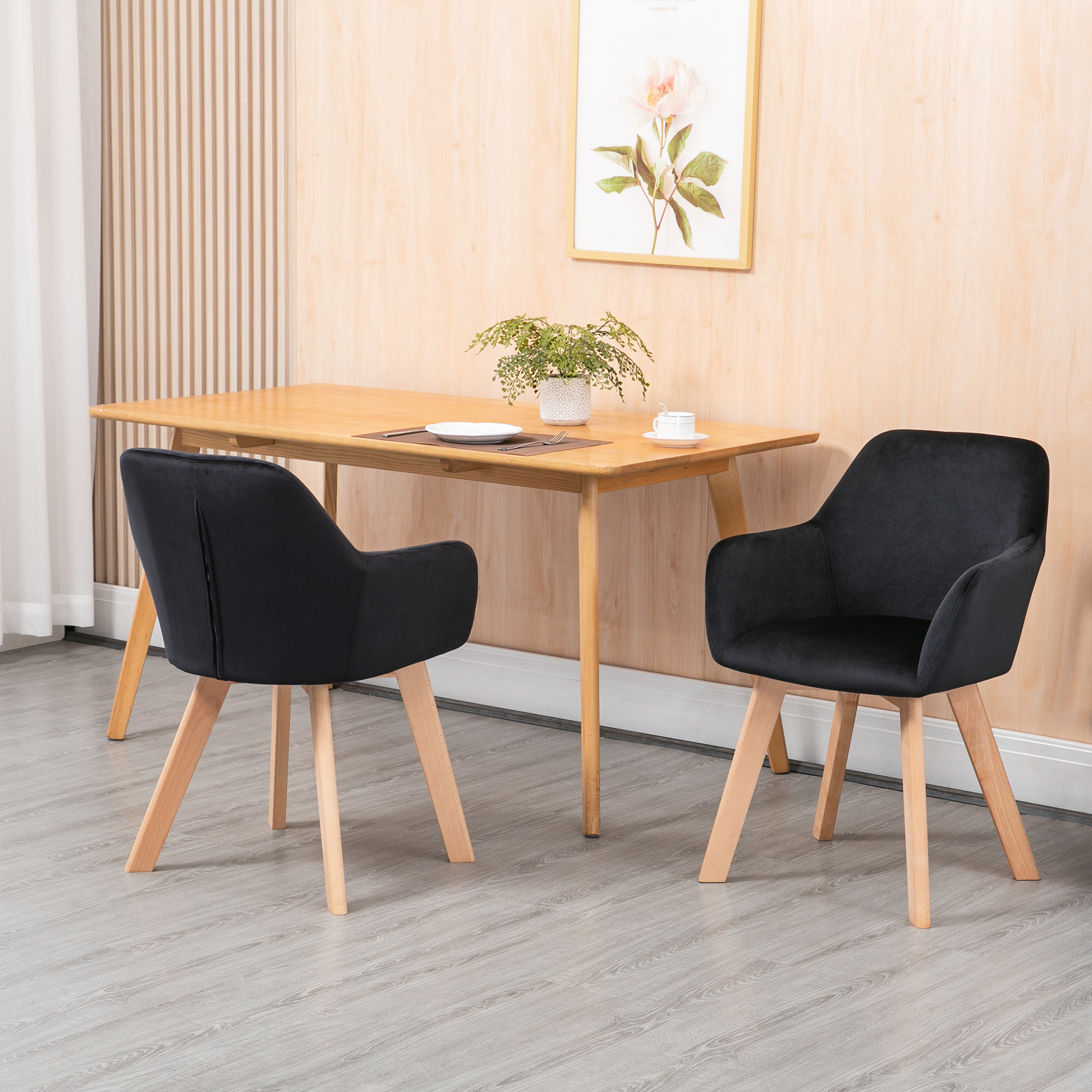 HOMCOM Eetkamerstoelen, 2-delig, modern ontwerp, velourslook, rubberhout, 54x57x80 cm, Zwart