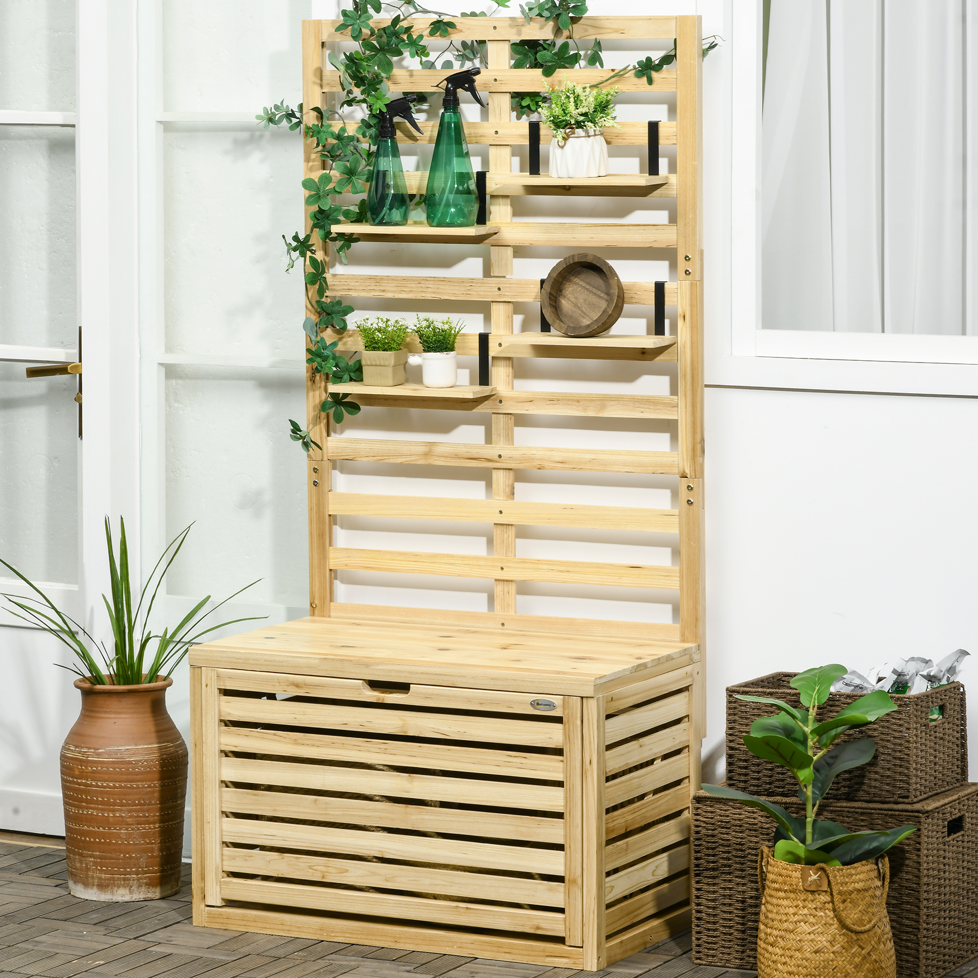 Outsunny opbergdoos, tuinkist met hekwerk, opbergdoos met planken