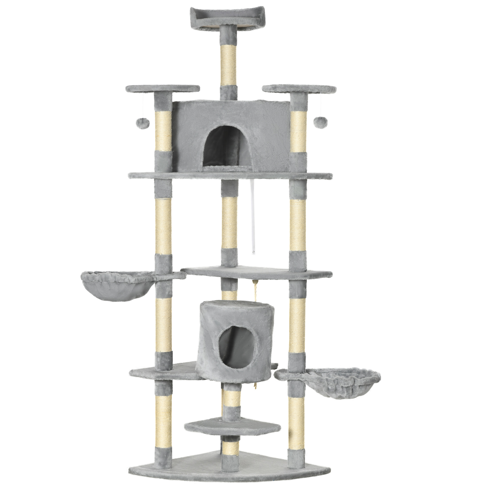 PawHut Krabpaal met 2 Hangmatten en 2 Kattenholen, Inclusief Speelgoed, Pluche en Sisaltouw - Lichtgrijs