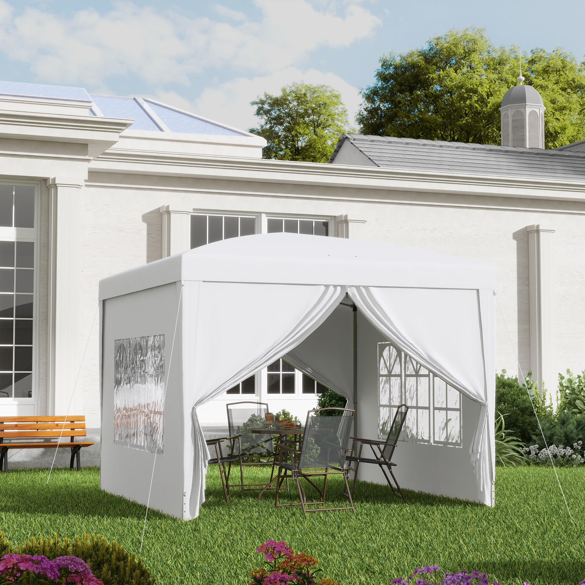 Outsunny Paviljoen, Partytent, 4 afneembare zijwanden, 2 ramen, metalen frame, 2,95 x 2,95 m, Wit