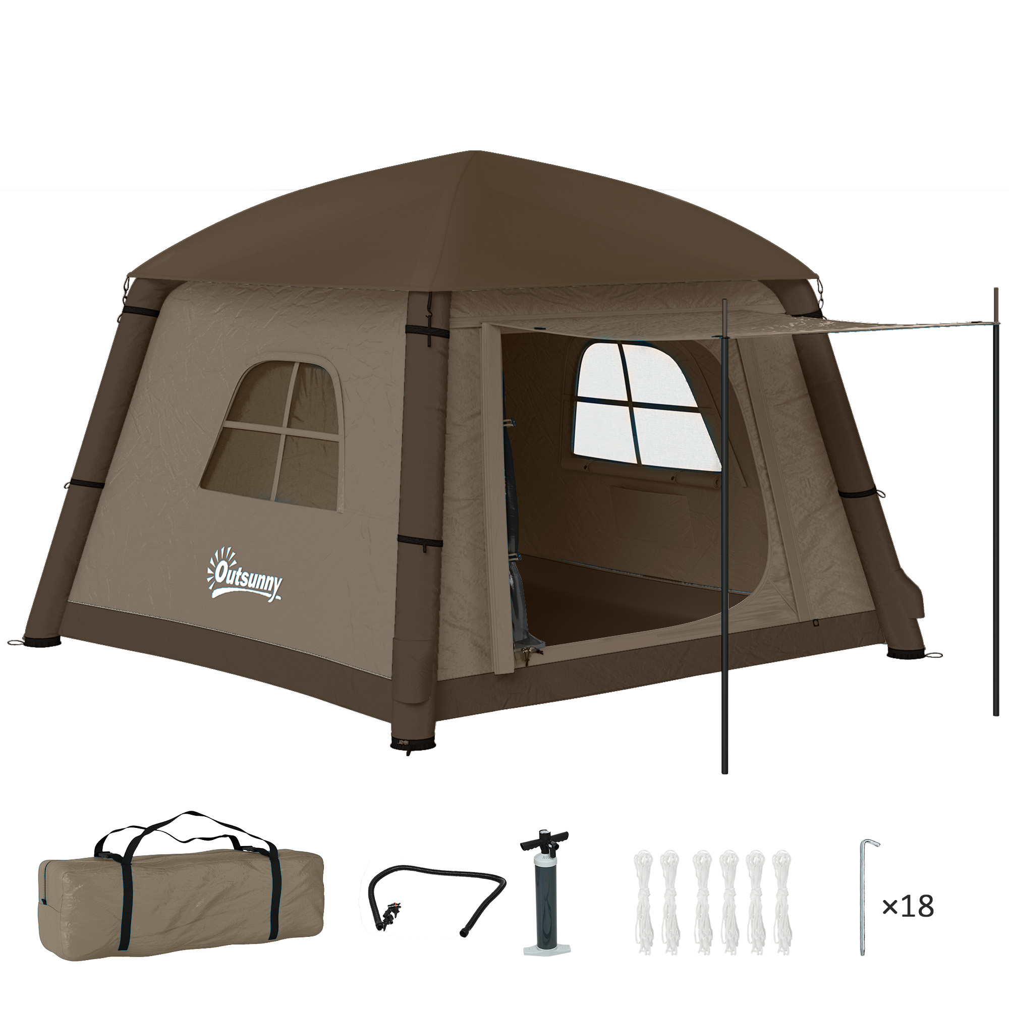 Outsunny Opblaasbare Campingtent voor 1-2 Personen Outdoor Familie Tent met Haak, Luchtpomp, Vensters en Deuren voor 4 Seizoenen