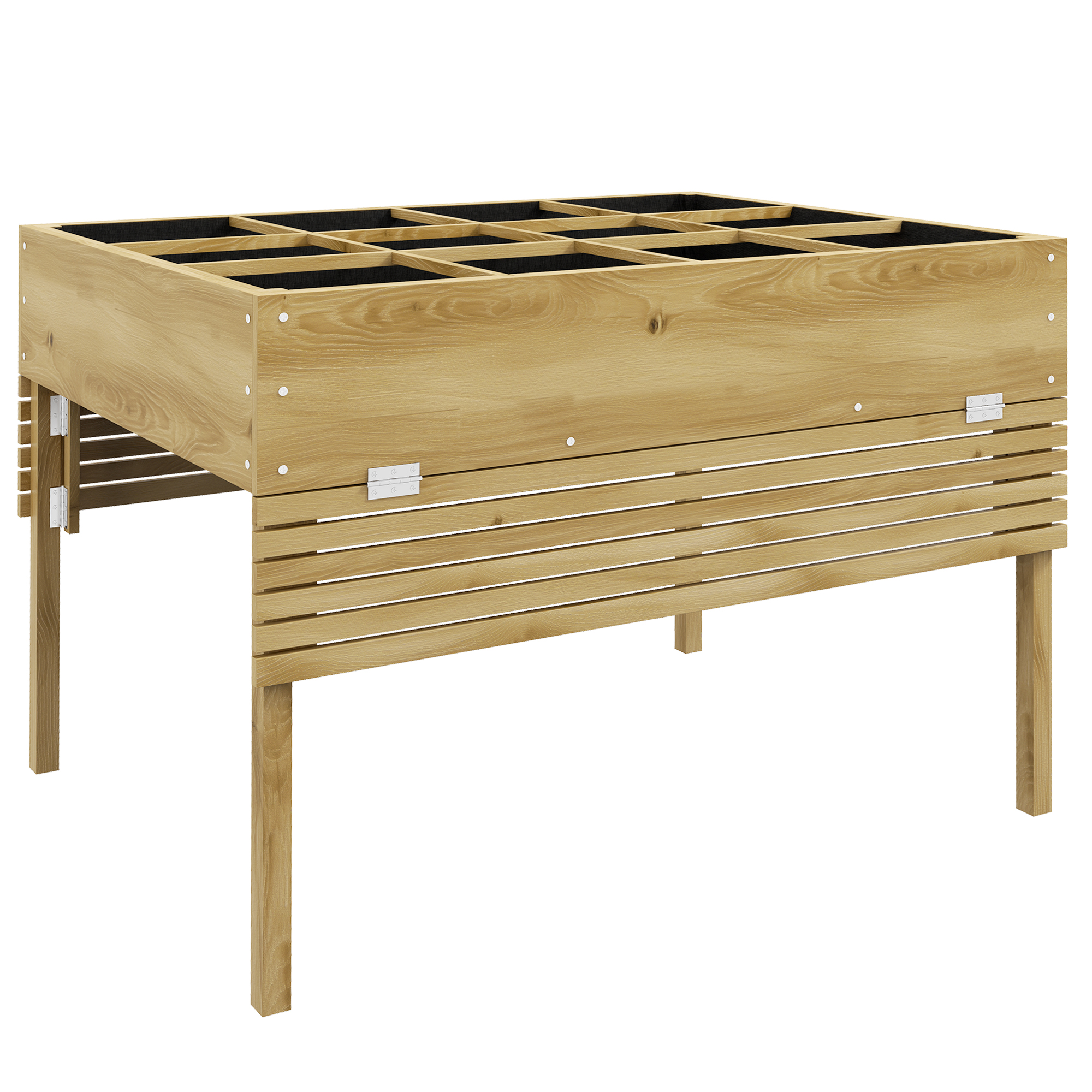 Outsunny Houten verhoogde plantenbak met 12 scheidingsroosters, inklapbare zijplanken, weerbestendig, sparrenhout, 122 x 91,5 x 89 cm