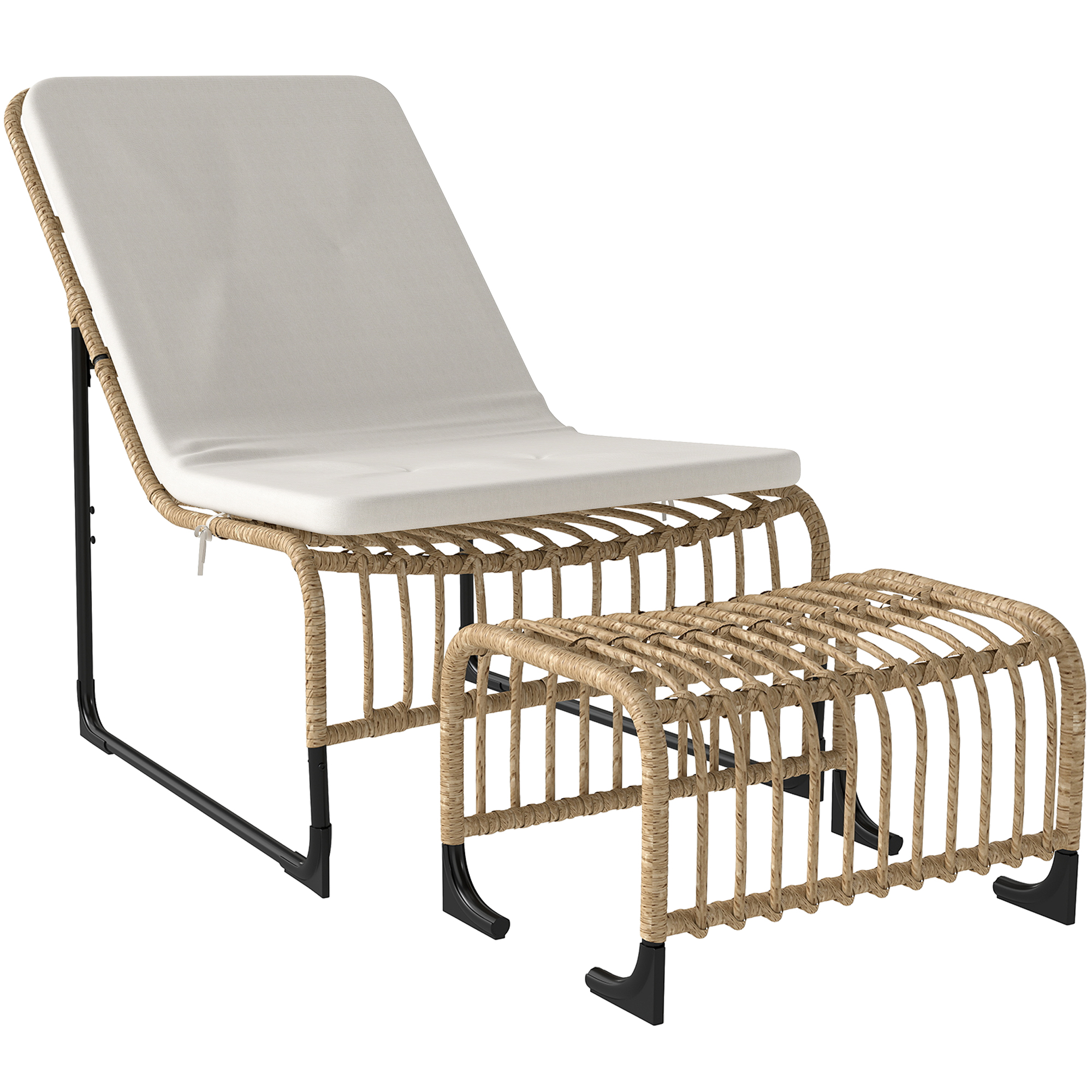 Outsunny Rattan Relaxfauteuil met Voetenbank UV-bestendig Tuinfauteuil met Kussen en Banden 65 x 93 x 80 cm Natuurhout