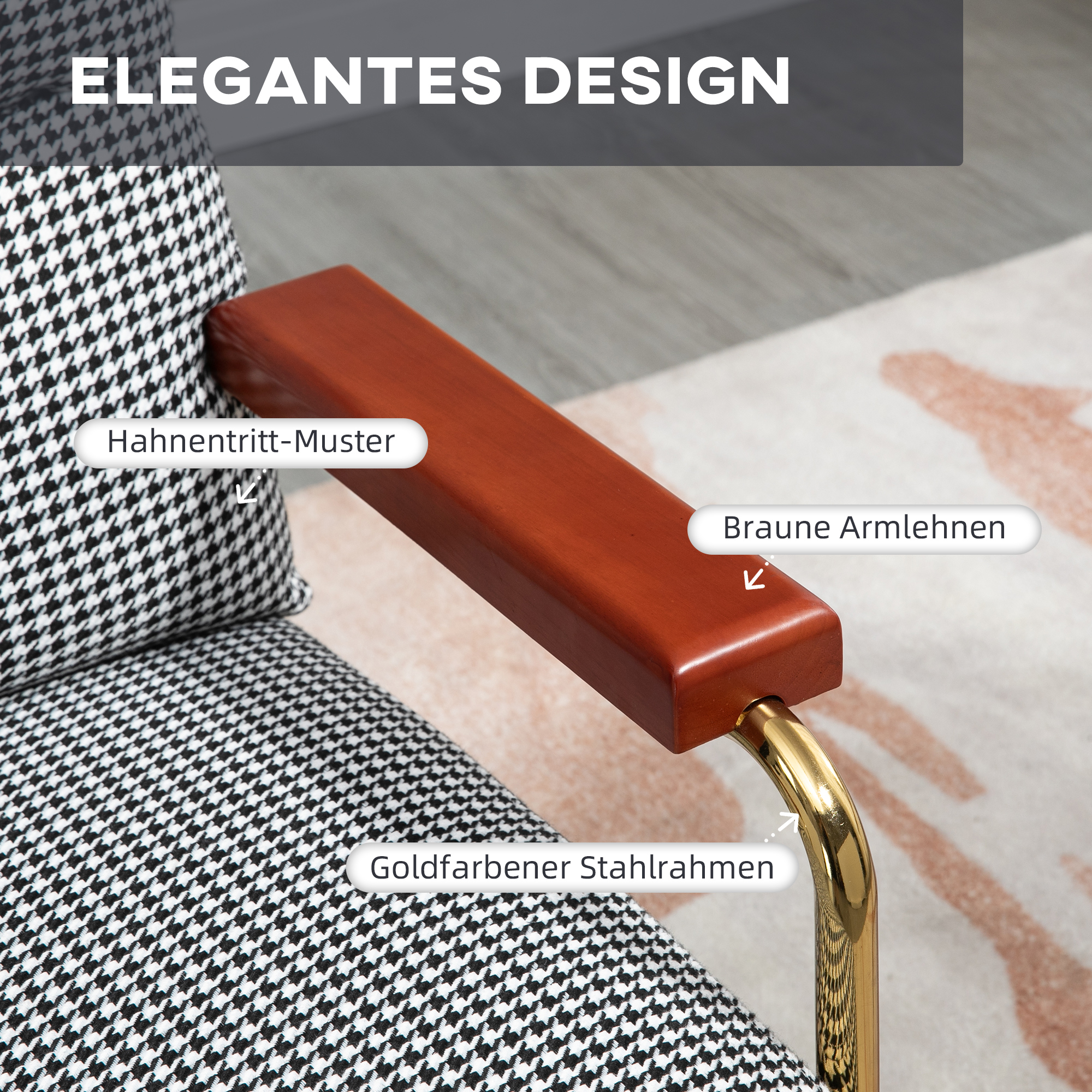 HOMCOM Fauteuil in retrodesign, accentstoel, pied-de-poulepatroon, houten elementen, binnenvering, zwart+wit