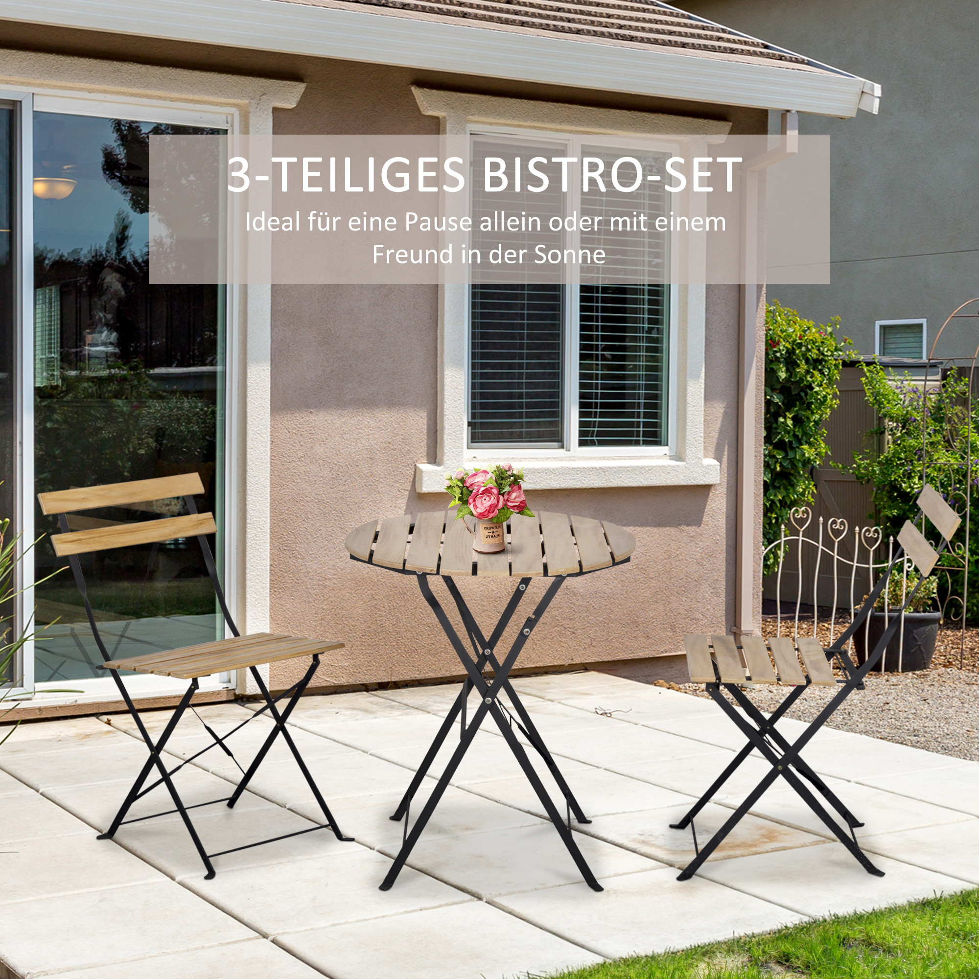 Outsunny 3-delige opvouwbare bistroset massief hout + stalen frame natuurlijke kleur