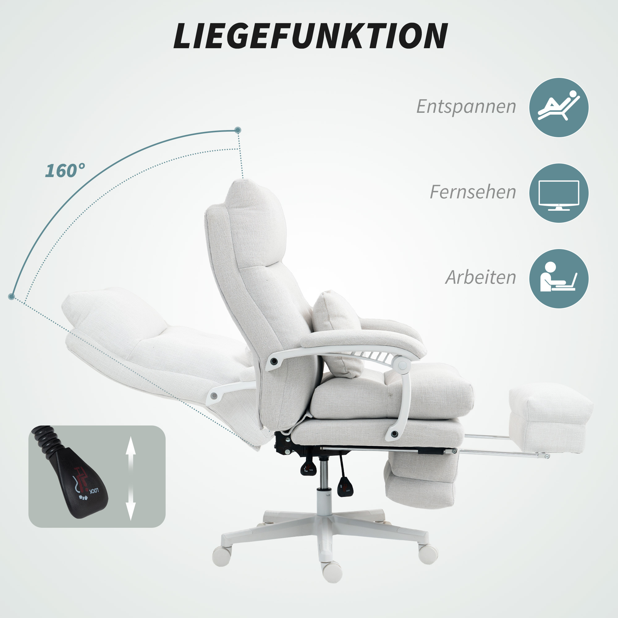 HOMCOM Draaistoel, Linnenlook, Hoogteverstelbaar, 160 Graden Kantelbaar, Voetsteun, Crèmewit